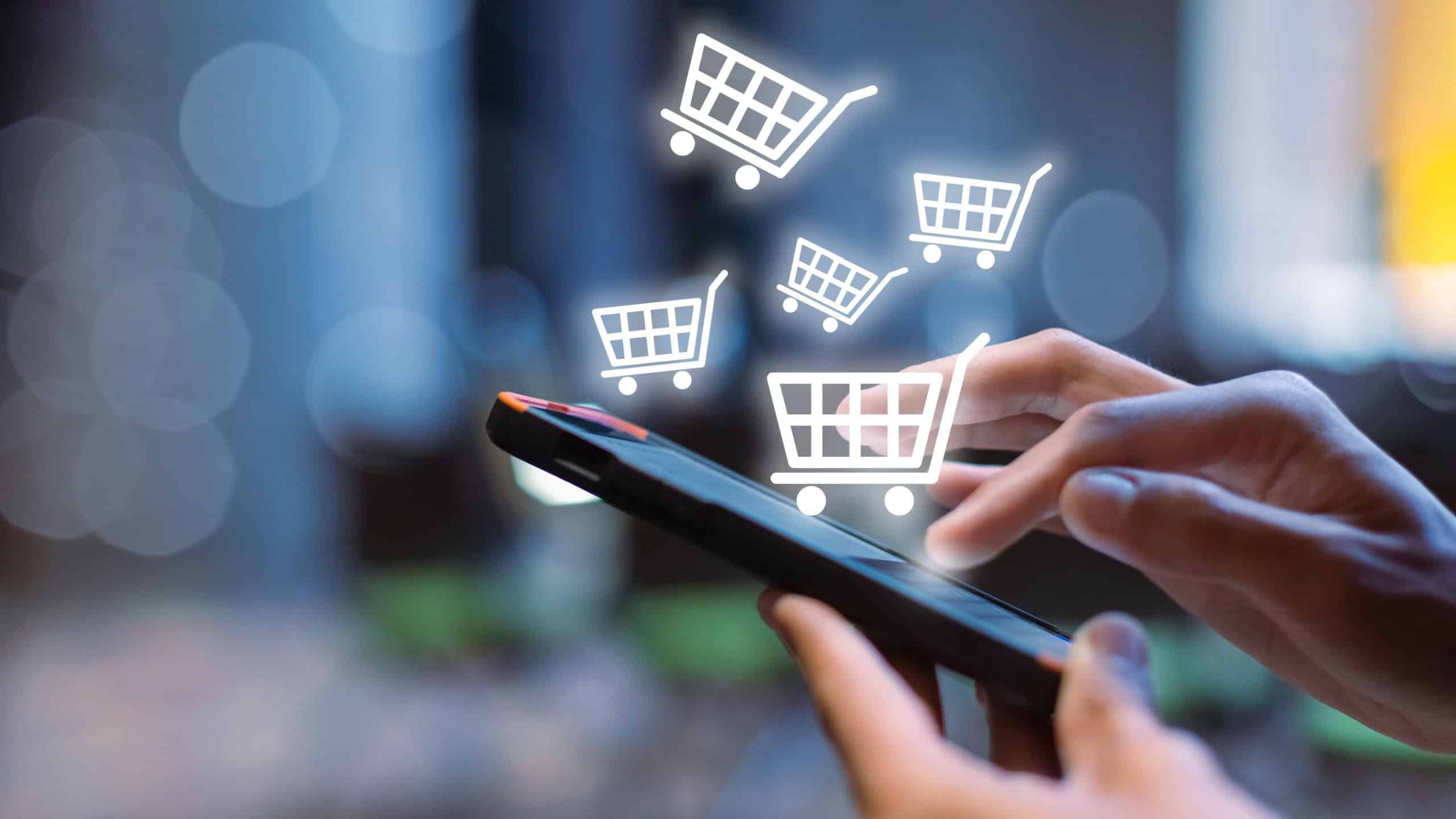 woman using smartphone shopping online, shopping cart icon on screen mobile phone. purchase payment on internet. online supermarket gadget.