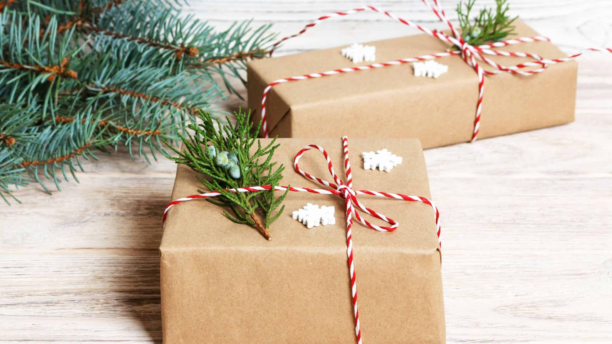 Top view of homemade prepared Christmas gift. Copy space.