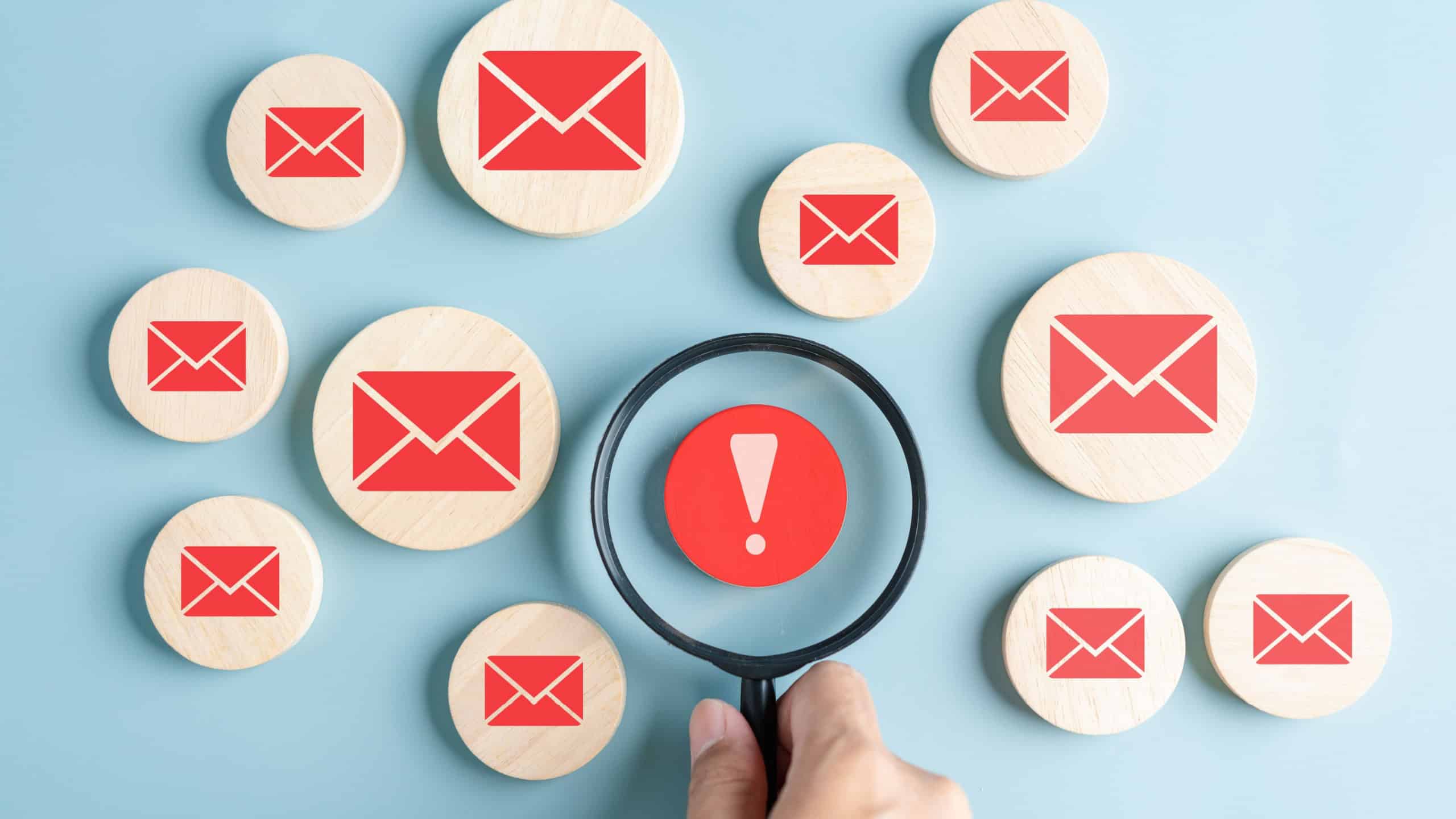 Alert Email inbox and spam virus with warning caution for notification on internet letter security protect, junk and trash mail and compromised information.