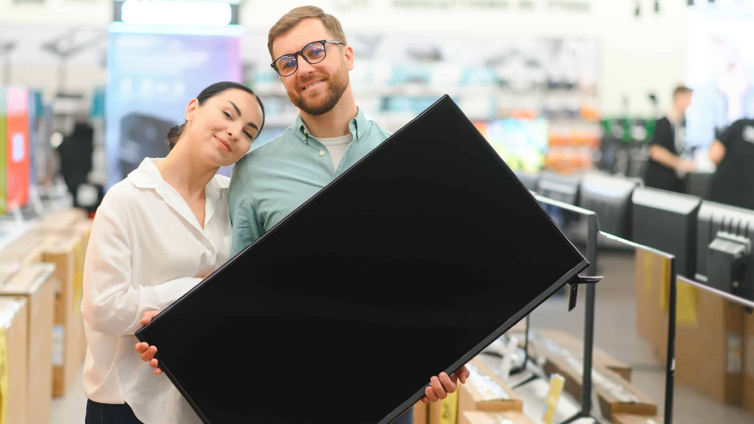 Young couple chooses plasma TV in store of household appliances, electronics and gadgets. Buying new TV, sale day.