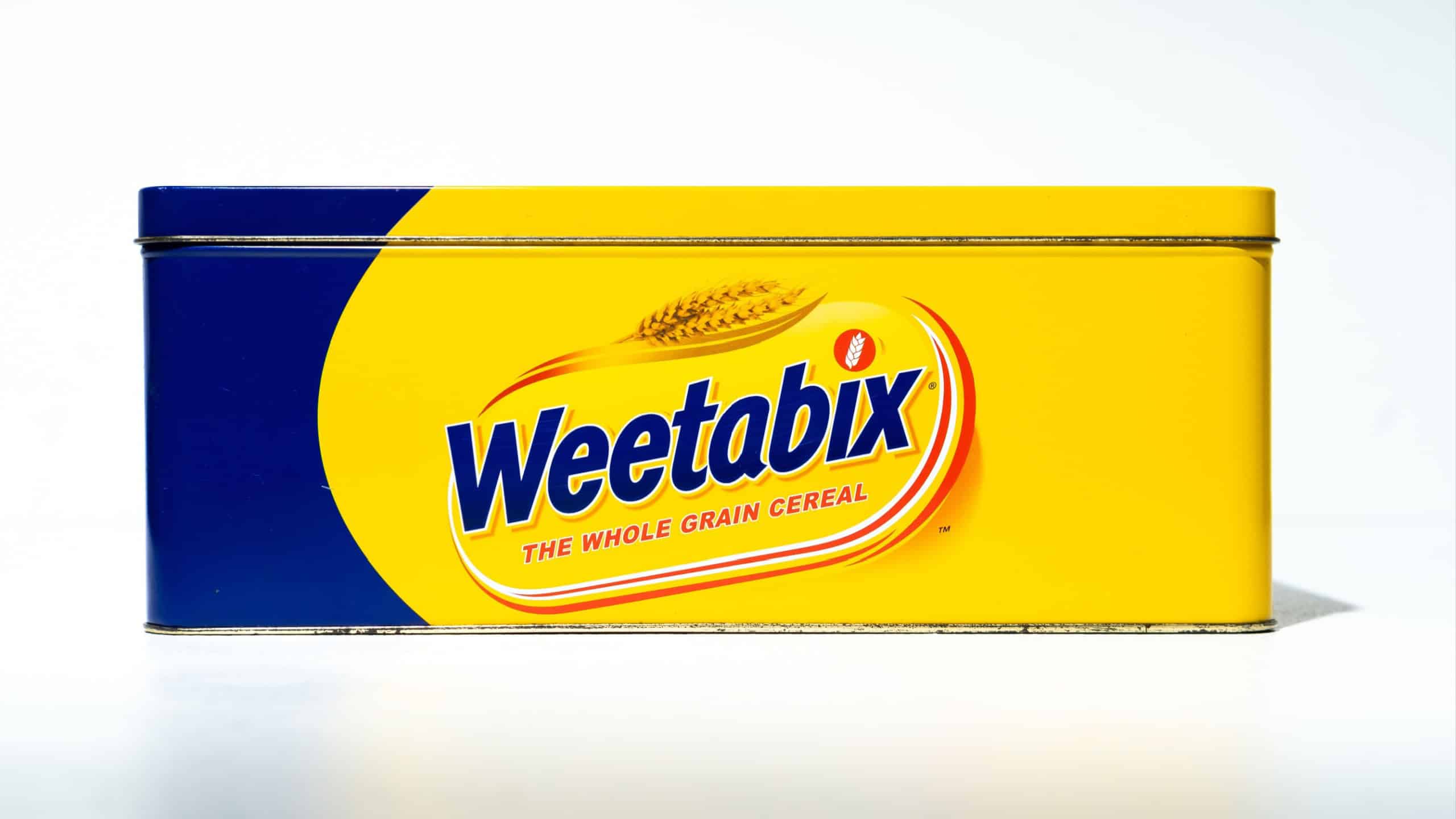 Kent, uk 01.01.2025 Rare metal Weetabix Vintage Breakfast Cereal Storage Tin. Metal retro vintage tin cereal box. The whole grain cereal breakfast food. Antique nostalgic retro merchandise. uk cereal