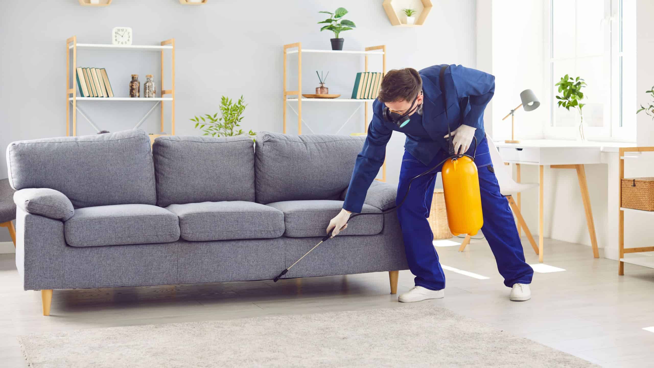 Pest control service worker sprays furniture inside house. Male exterminator wearing protective face mask and blue workwear suit spraying toxic liquid on sofa that's infested with termites or bed bugs