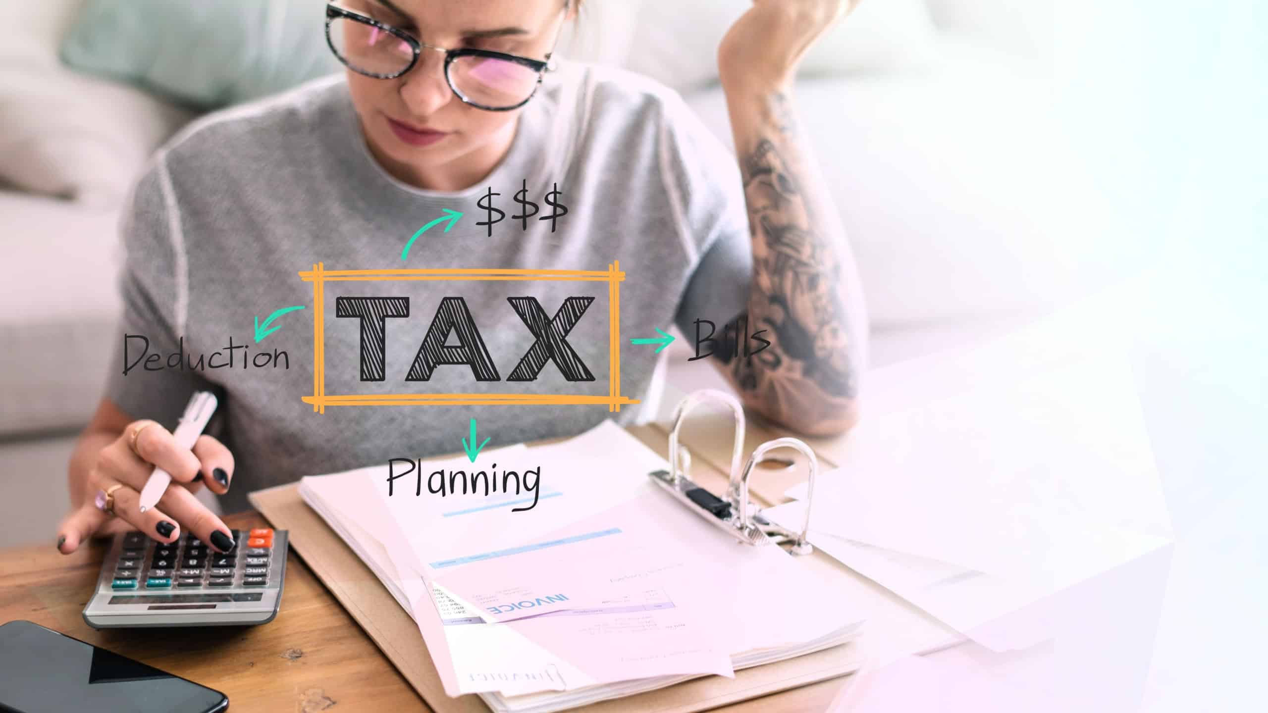 Person calculating taxes with a calculator and documents. Tax planning, deductions, and bills are highlighted. Focus on tax preparation and planning. Business image.