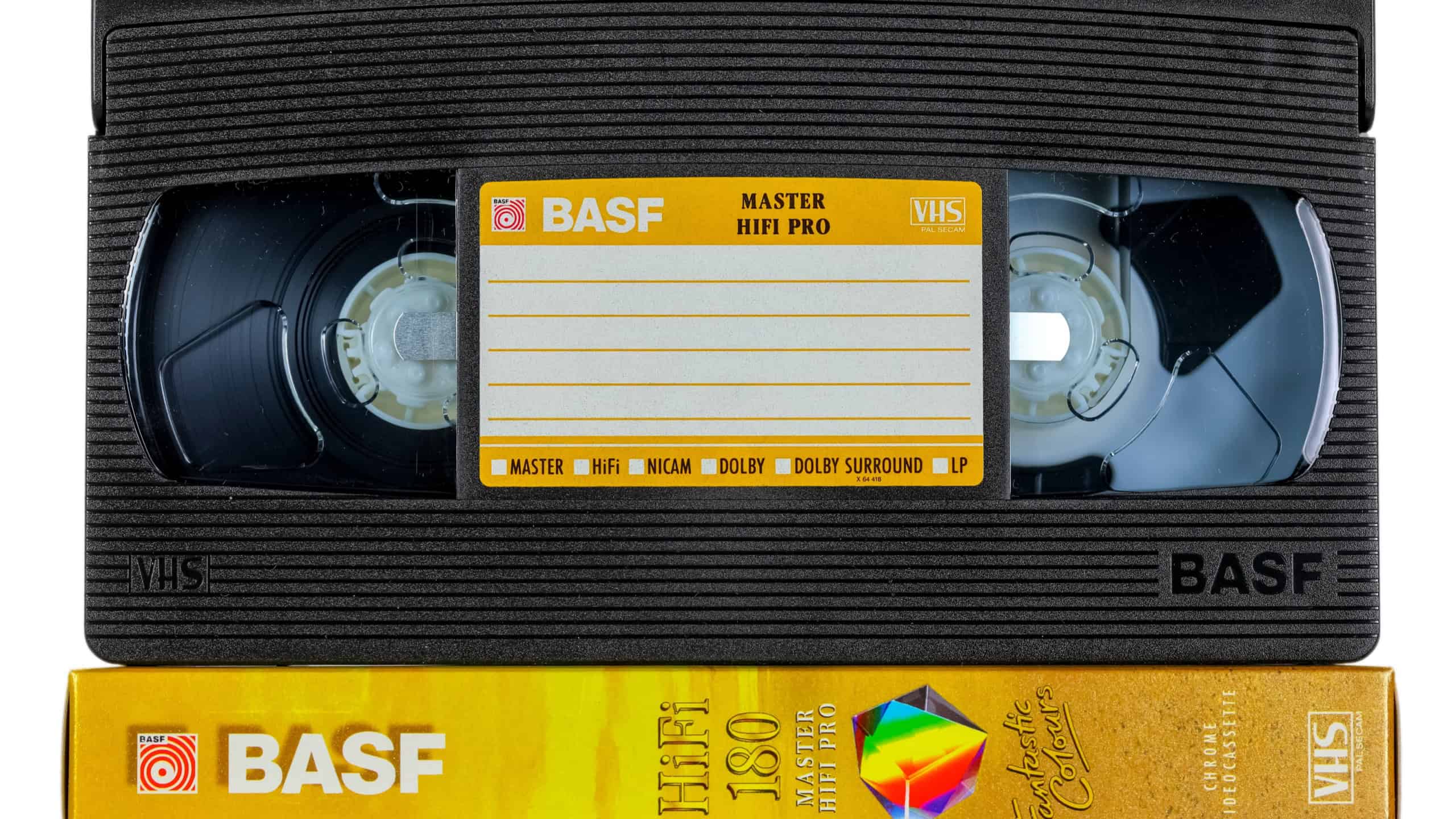 Warsaw, Poland - 3 March 2025: VHS videotape with box manufactured by BASF. Video Home System for consumer analog videotape recording, introduced in 1976 and produced until 2016.