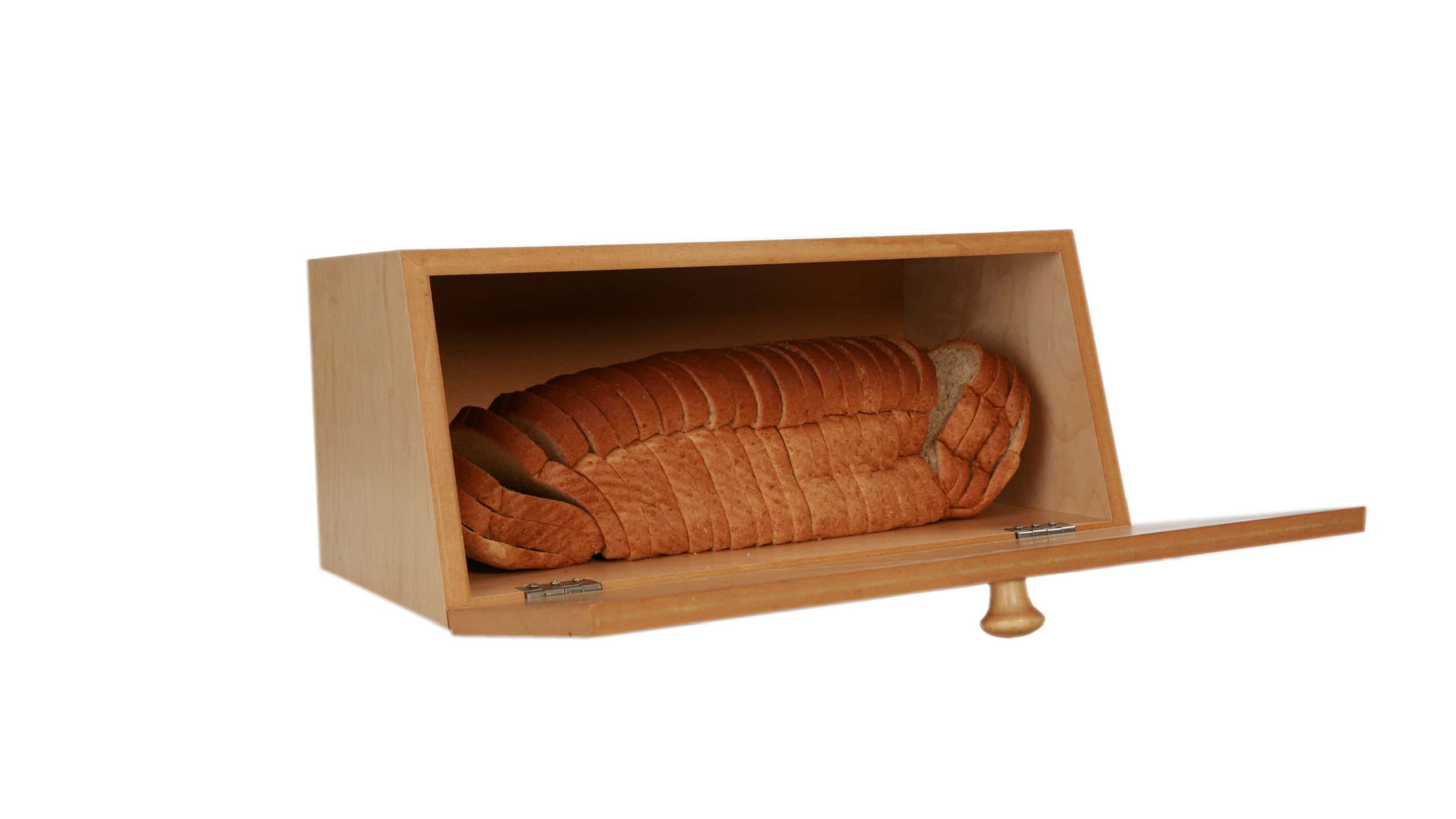 wooden bread box with loaf of wheat bread isolated on white