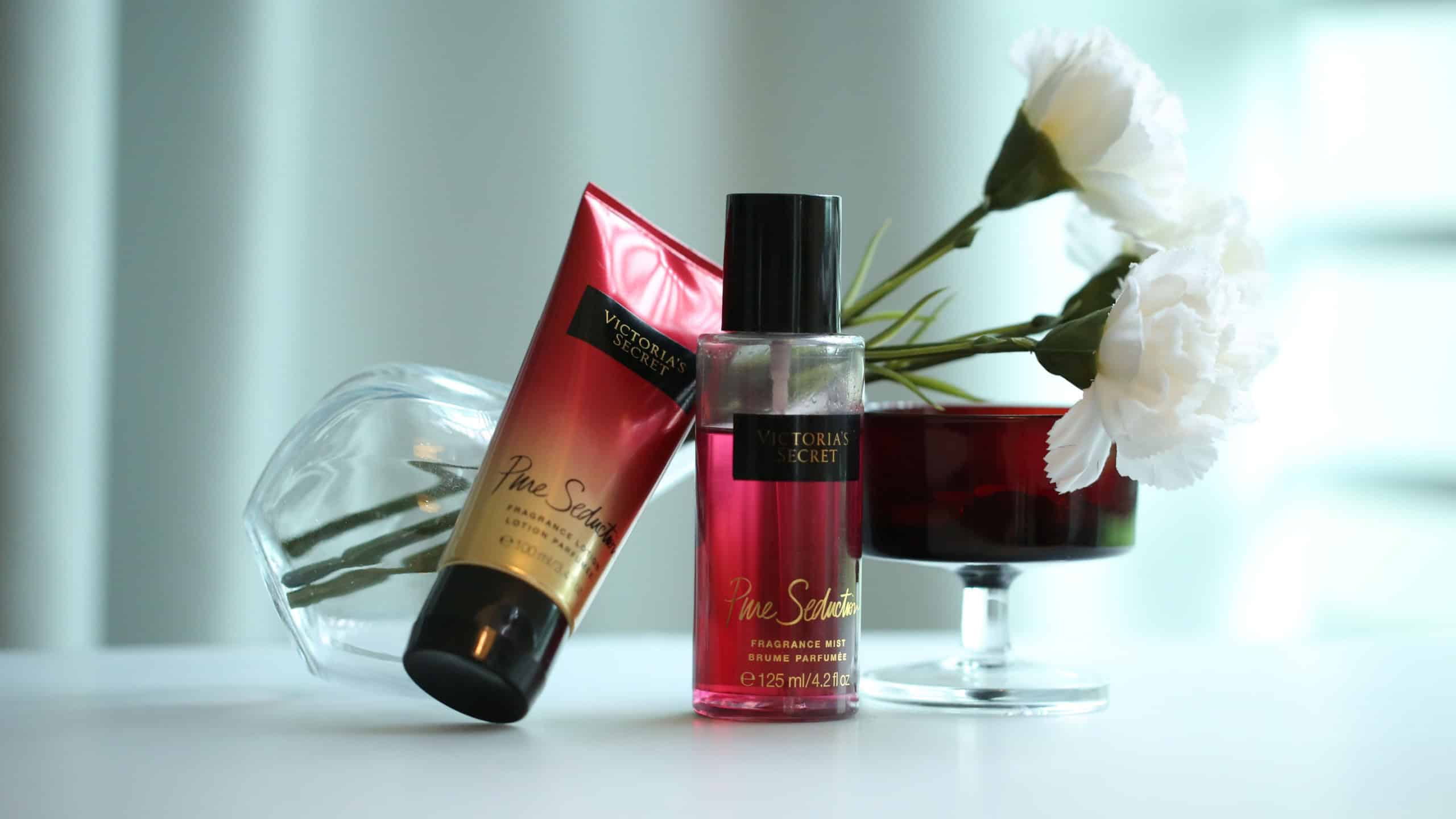 Malacca, Malaysia- 15 November 2019. Victoria Secret Body Mist and skin moisturizer Pure Seduction Product photography with isolated ambience background.