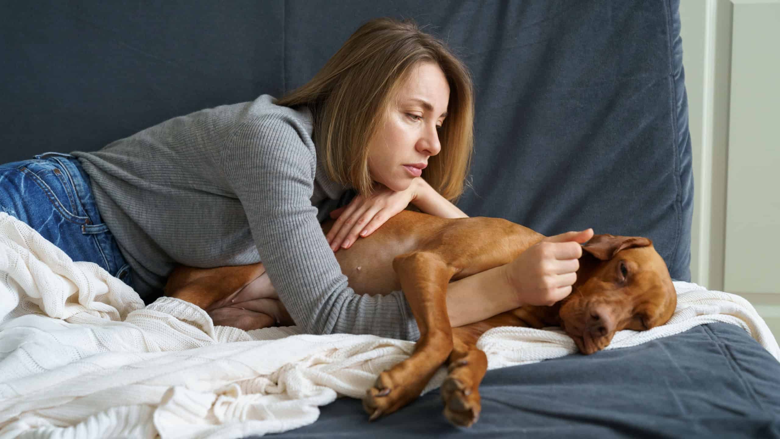 Worried woman taking care of weakening old dog at home. Poor animal suffer from stomach ache need medical treatment in vet clinic. It's time to let your friend go. Caring for aged pet at home concept