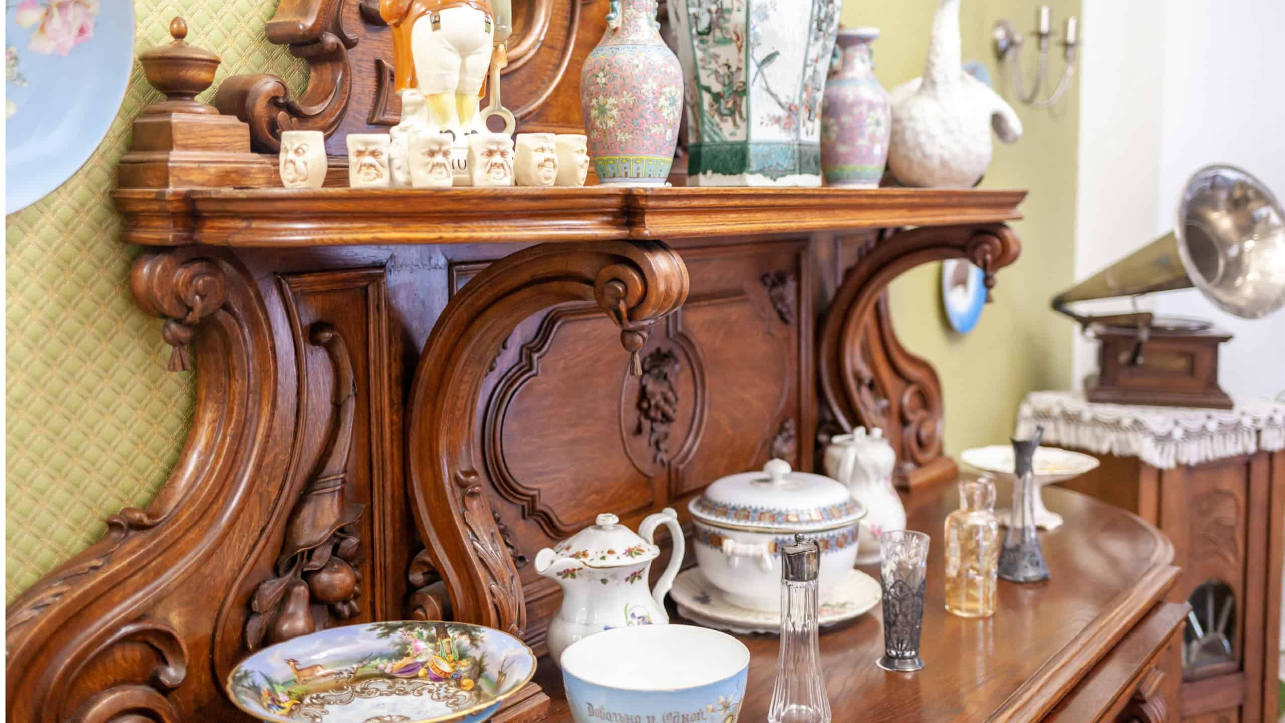 29.11.2022, Cherepovets, Vologda region, Russia. Museum House of I. A. Milyutin on Cathedral Hill house-museum of the Cherepovets head of the XIX century. Different rooms and antique furniture dishes