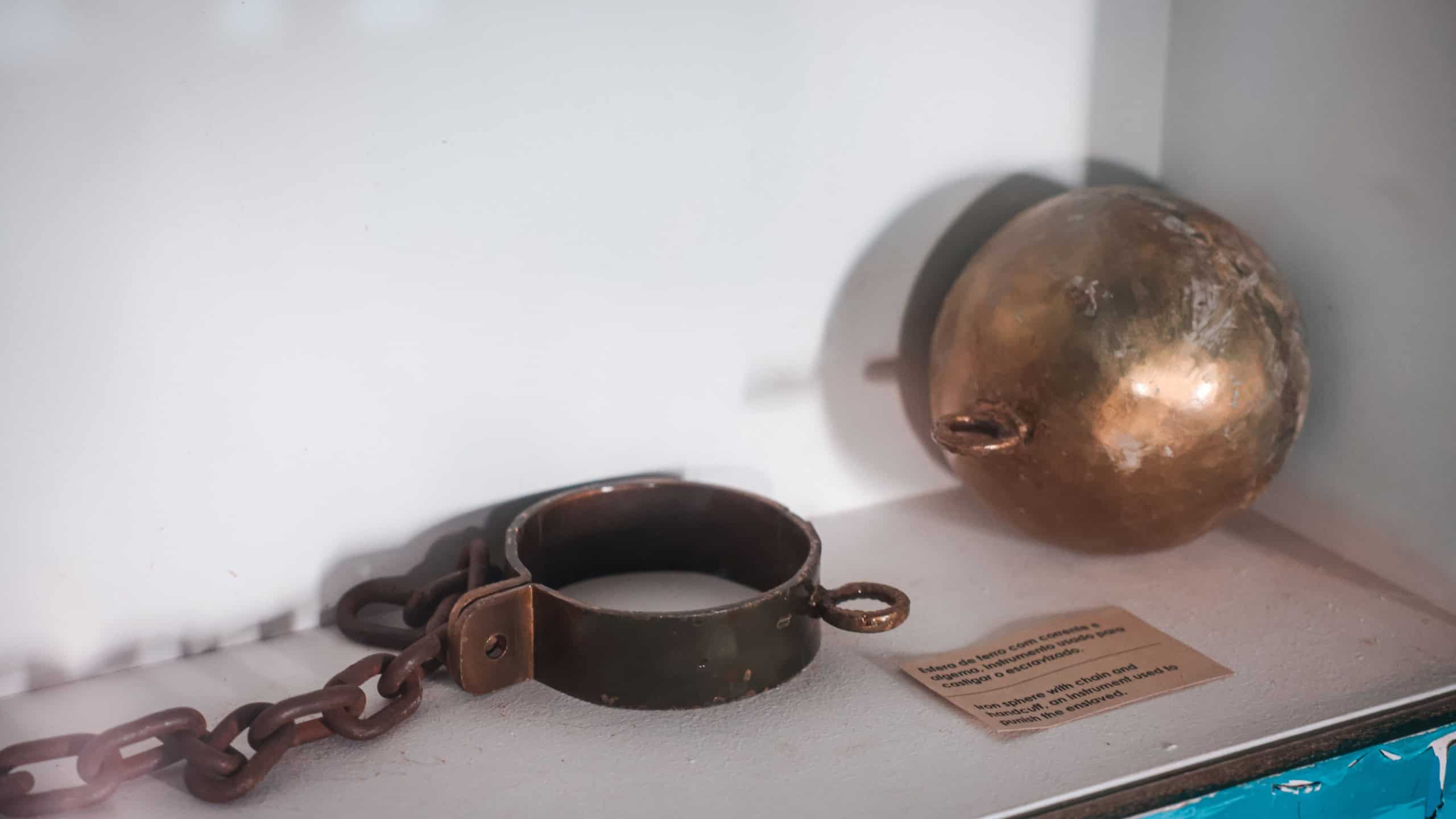 Luanda, Angola - May 17, 2024: Artifacts from the Museum of Slavery in Angola showcasing chains and shackles used in the slave trade