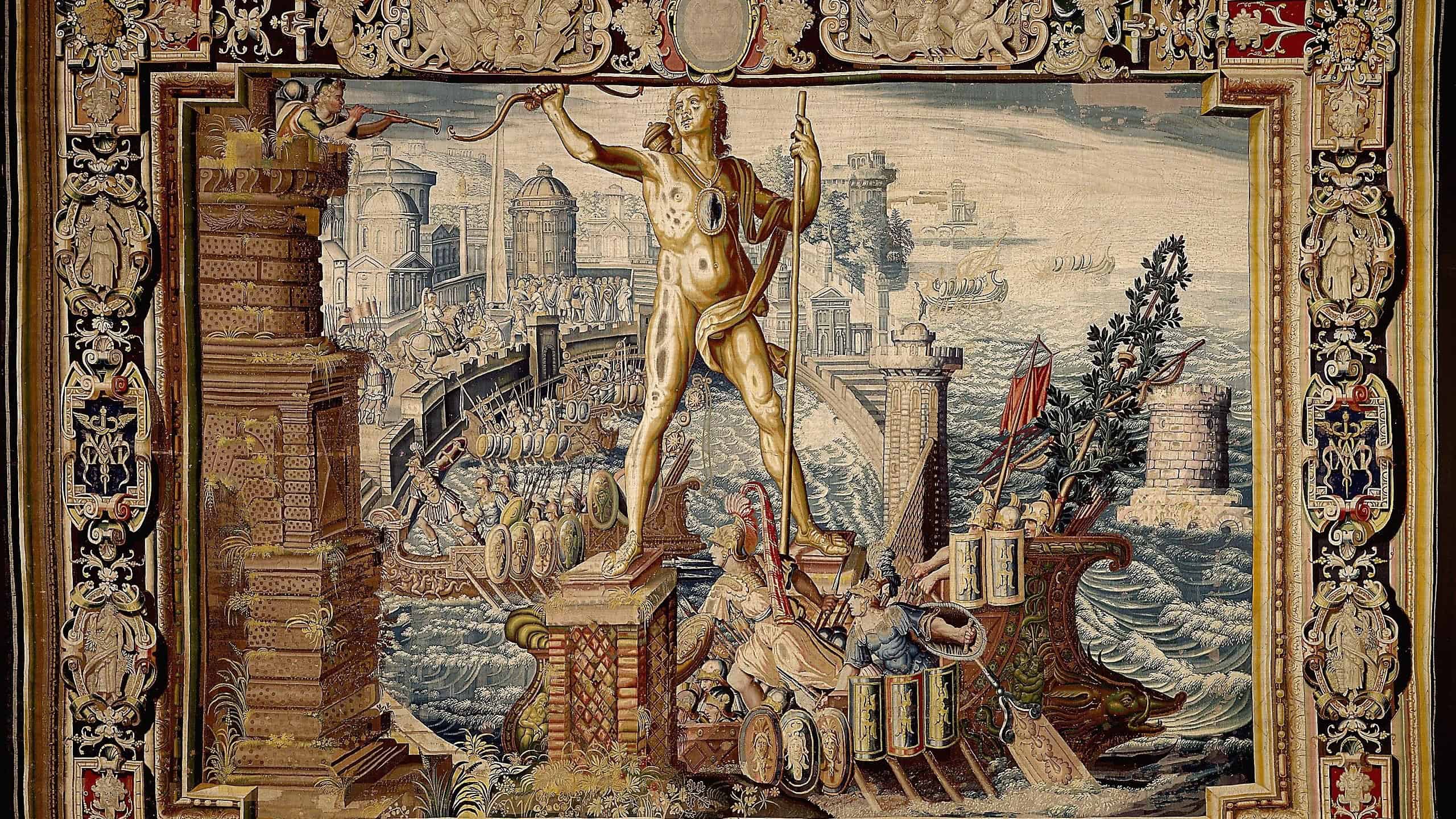 Intricate tapestry depicting a mythological scene with a giant figure, ancient architecture, and a seascape. Rich details and vibrant colors enhance the tapestry's allure. Vintage artwork.