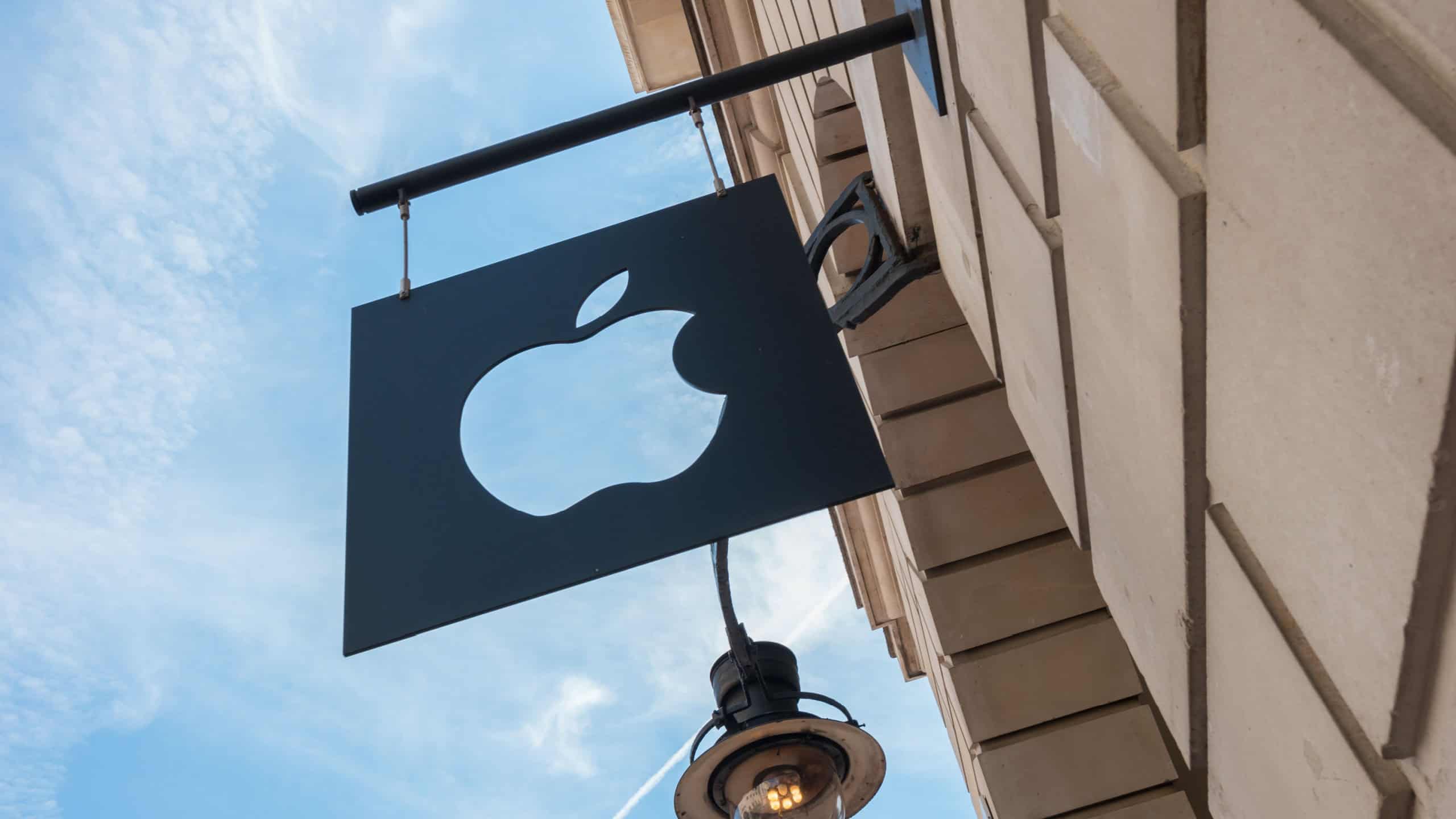 LONDON, UNITED KINGDOM MAY, 2017: Apple logo on a Apple store. Apple is the multinational technology company headquartered in Cupertino, California and sells consumer electronics products.