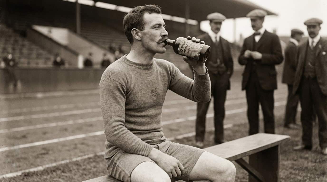 Image of an athlete in the early 1900s drinking a drink with radium infused.
