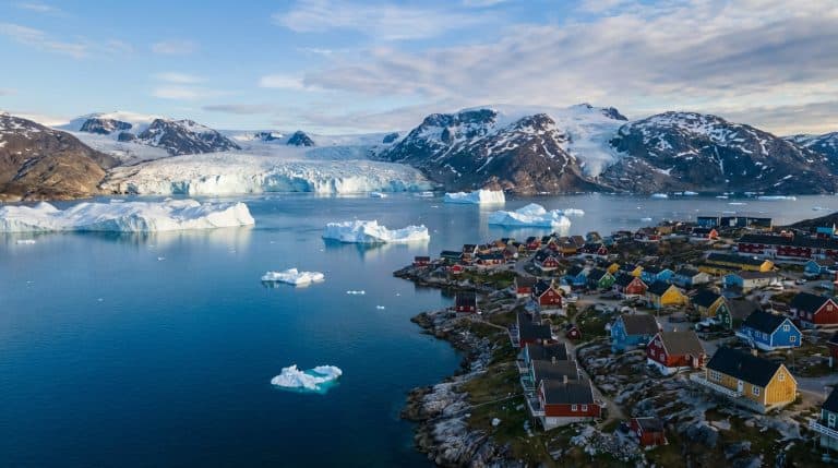 Image of Greenland glaciers, Nuuk town, icebergs, drone Arctic shots.