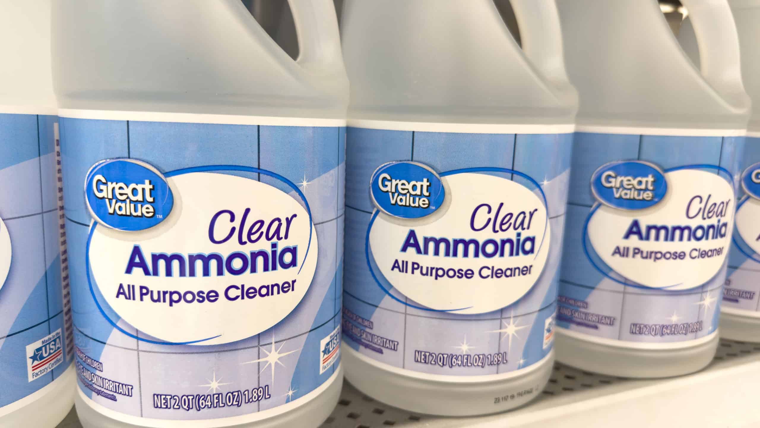 Los Angeles, CA - June 4, 2023: Plastic containers of Clear Ammonia, All Purpose Cleaner by Great Value, a Walmart store brand.