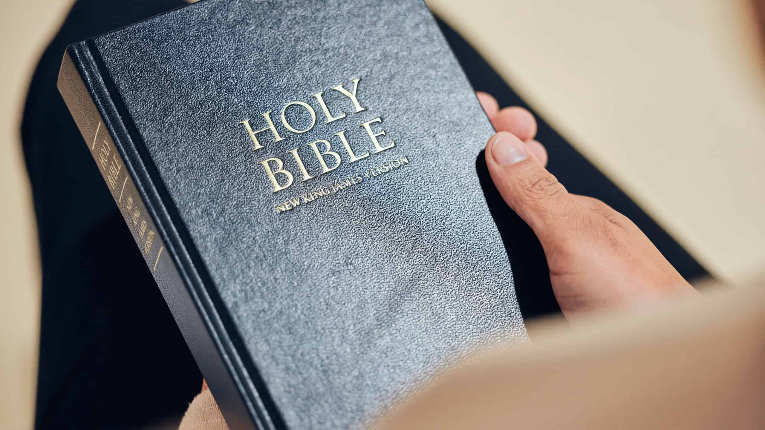 Bible, hands and person in prayer, religion and peace in a lounge, praise and holy worship for guidance. Closeup, believer or faith with meditation, reading book or mindfulness with spiritual or calm