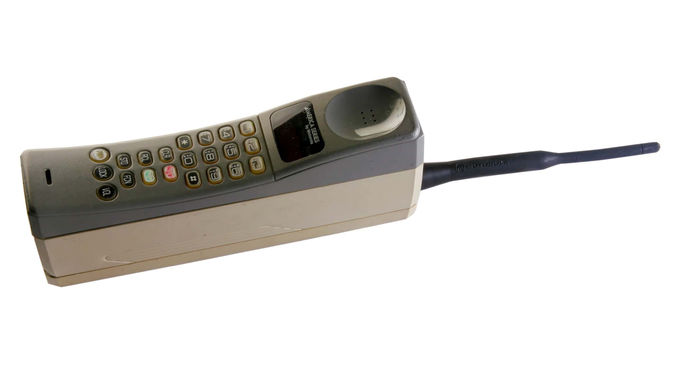 Lake Forest, California - USA - February 14, 2024: Cellular Phone. Vintage 1973 era Motorola Cell Phone. America Series by Motorola. Old Cordless Mobile Telephone. Isolated on white. Vintage Phone.