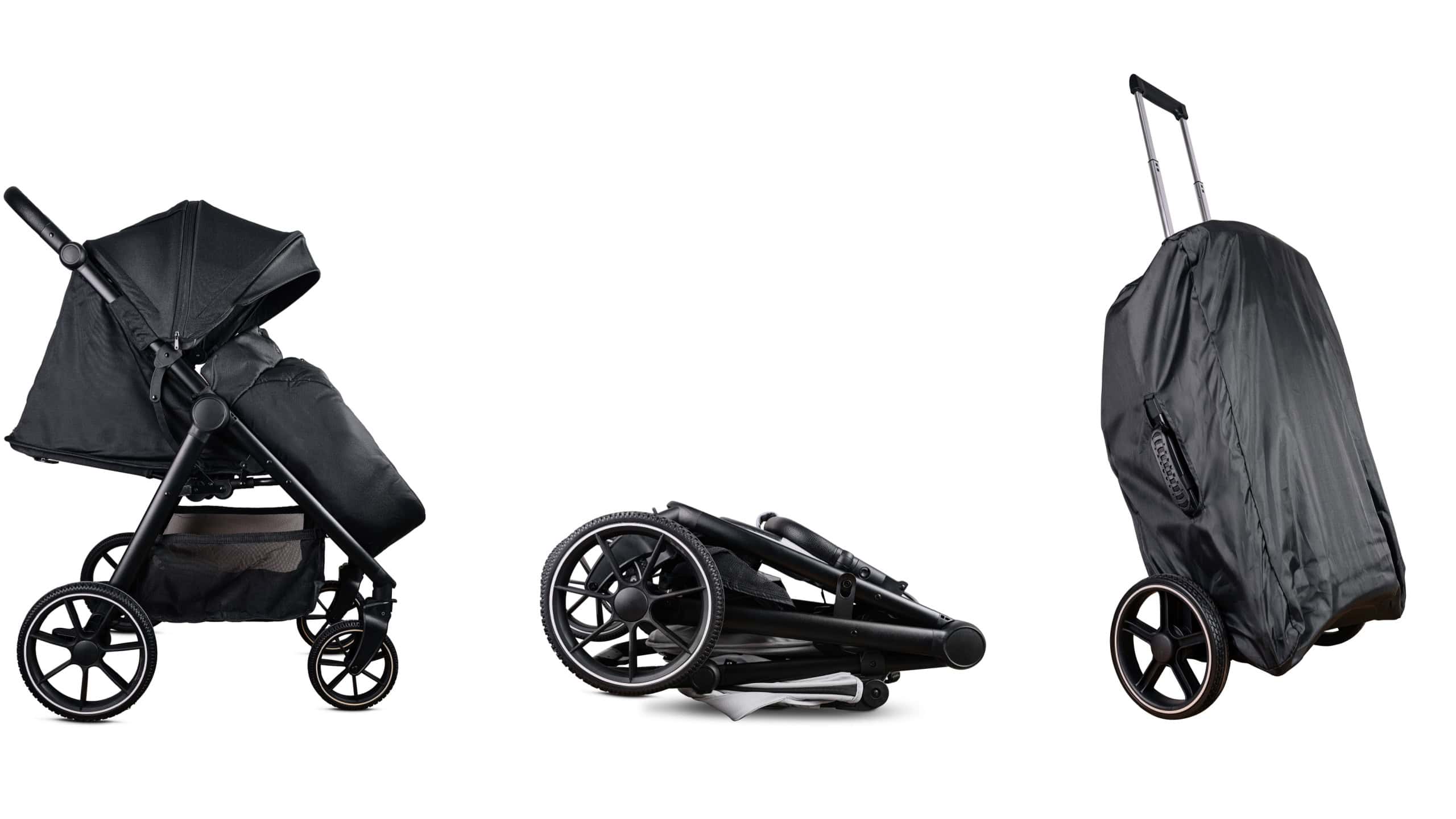 Black baby stroller or pram isolated on white background showing different positions, folded, unfolded, and packed in a carrying bag