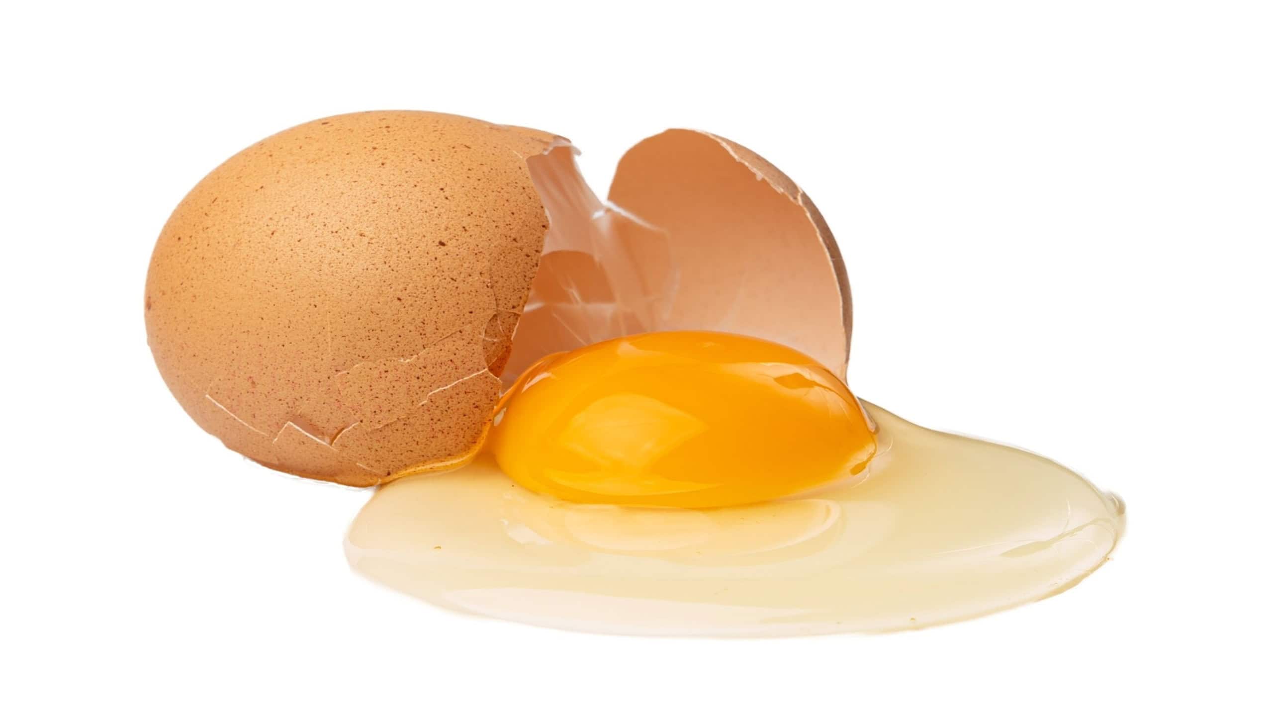 Broken Egg Isolated, Raw Yolk and White, Cracked Brown Shell, Fresh Broken Organic Chicken Eggs on White Background