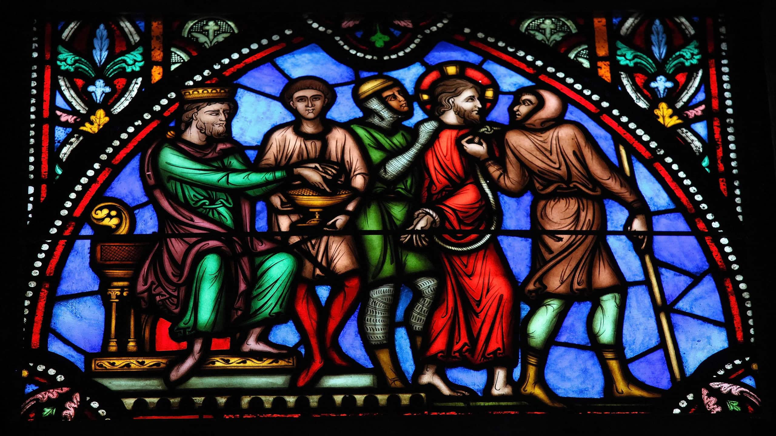 Jesus on Good Friday before Pontius Pilate, on a stained glass window