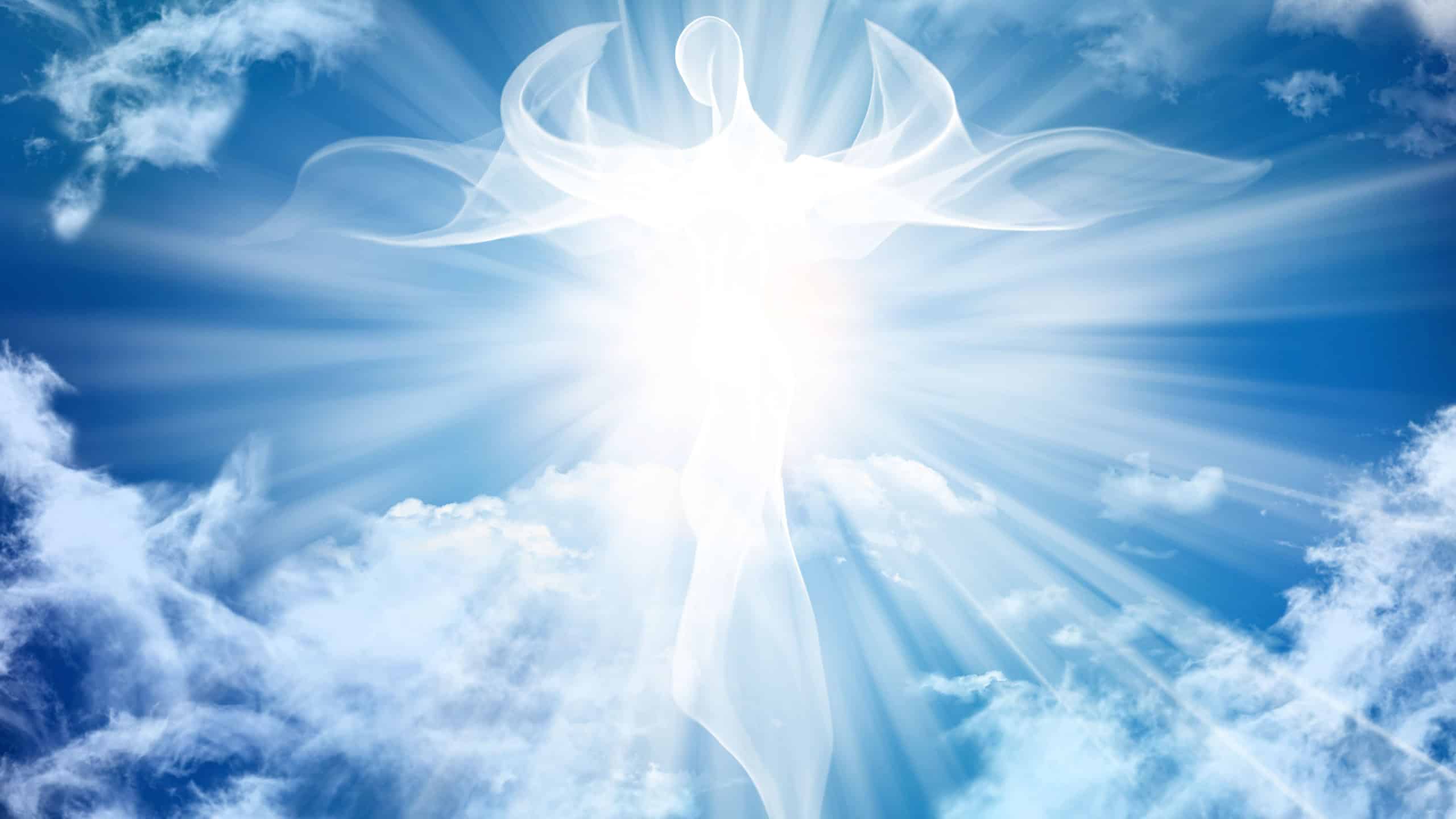 Illustration abstract white angel. Sky clouds with bright light rays