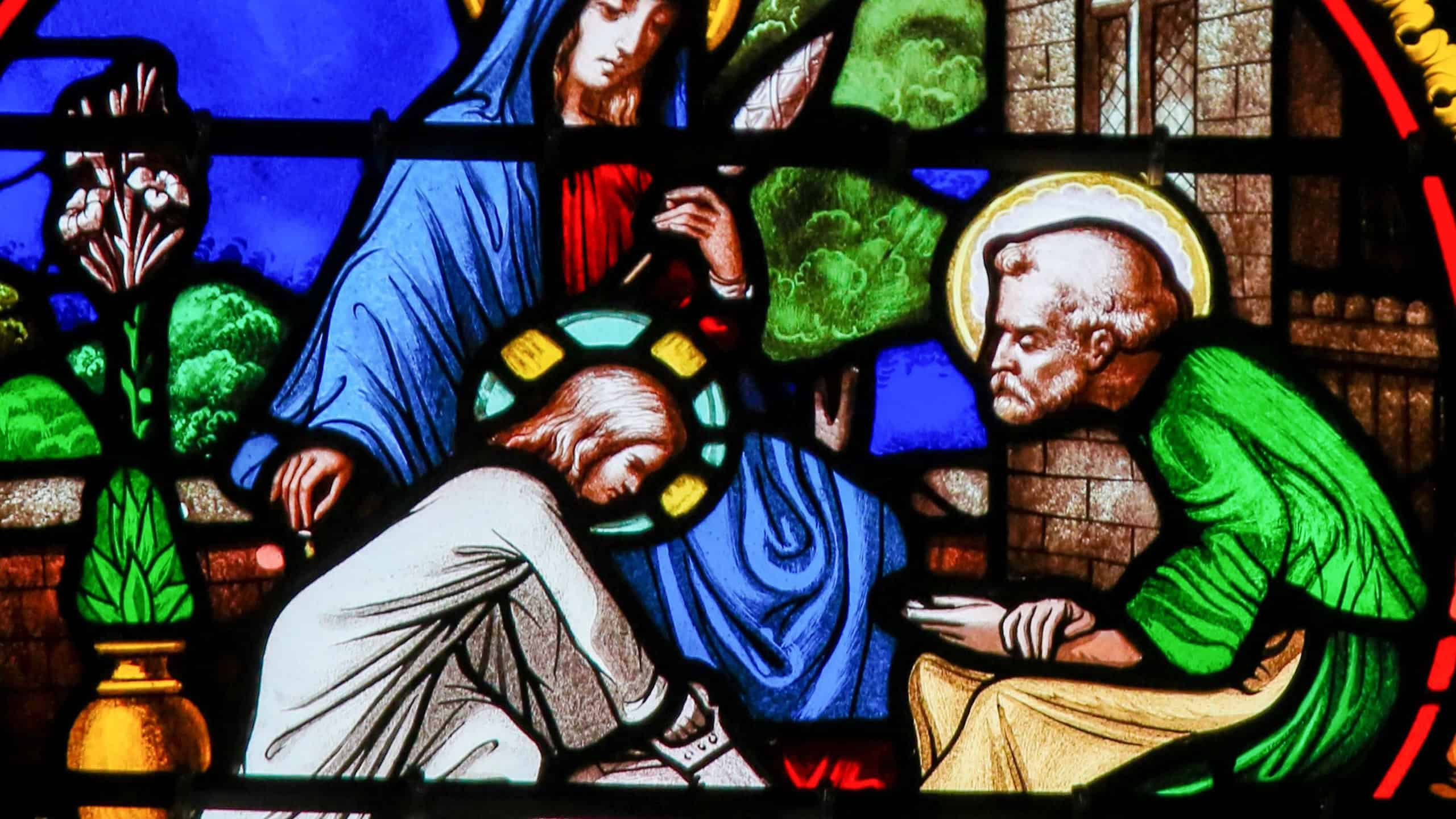 Stained Glass in the Chapel of Notre-Dame-des-flots (1857) in Sainte Adresse, depicting the Holy Family with Jesus, Mary and Joseph
