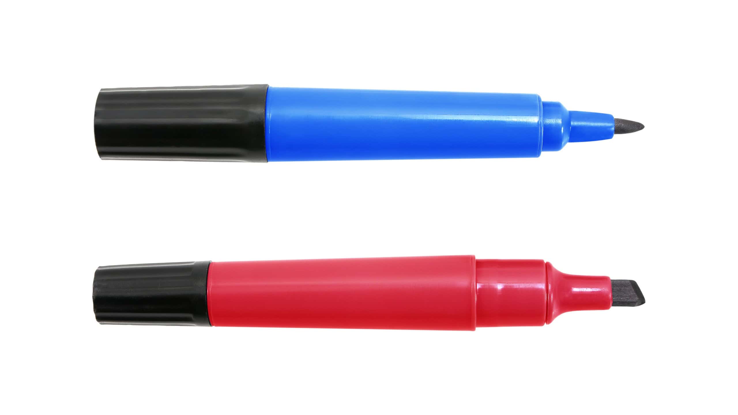 blue marker pen and red marker pen isolated on white background with clipping path