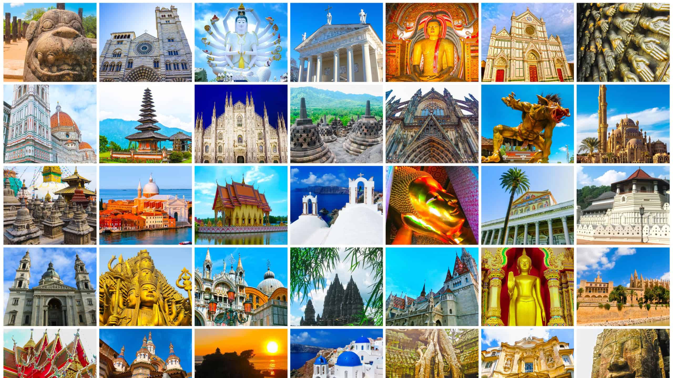 World Religious Monuments - collage from different religions from Bali, Thailand, Cambodia at Asia and Florens, Spain, Santorini, Venice in Europe