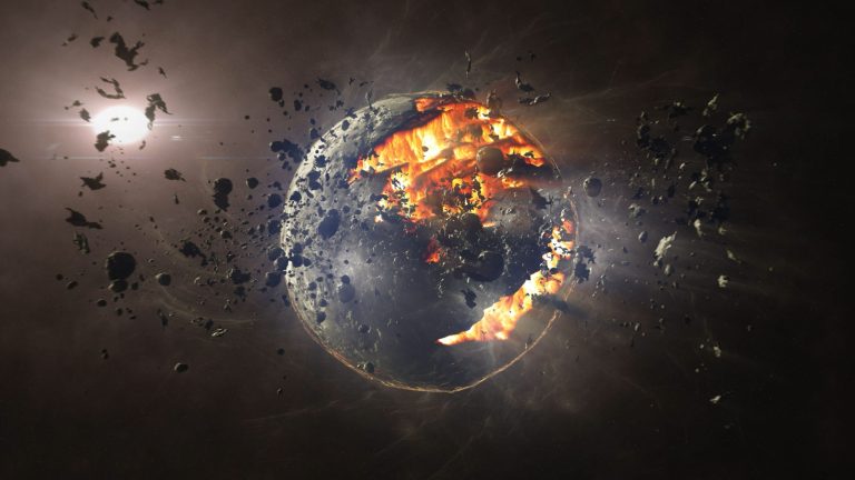 3d rendering, Dead planet with hot lava magma and asteroids Cinematic view of destroyed death star after meteor asteroids impact,3d illustration