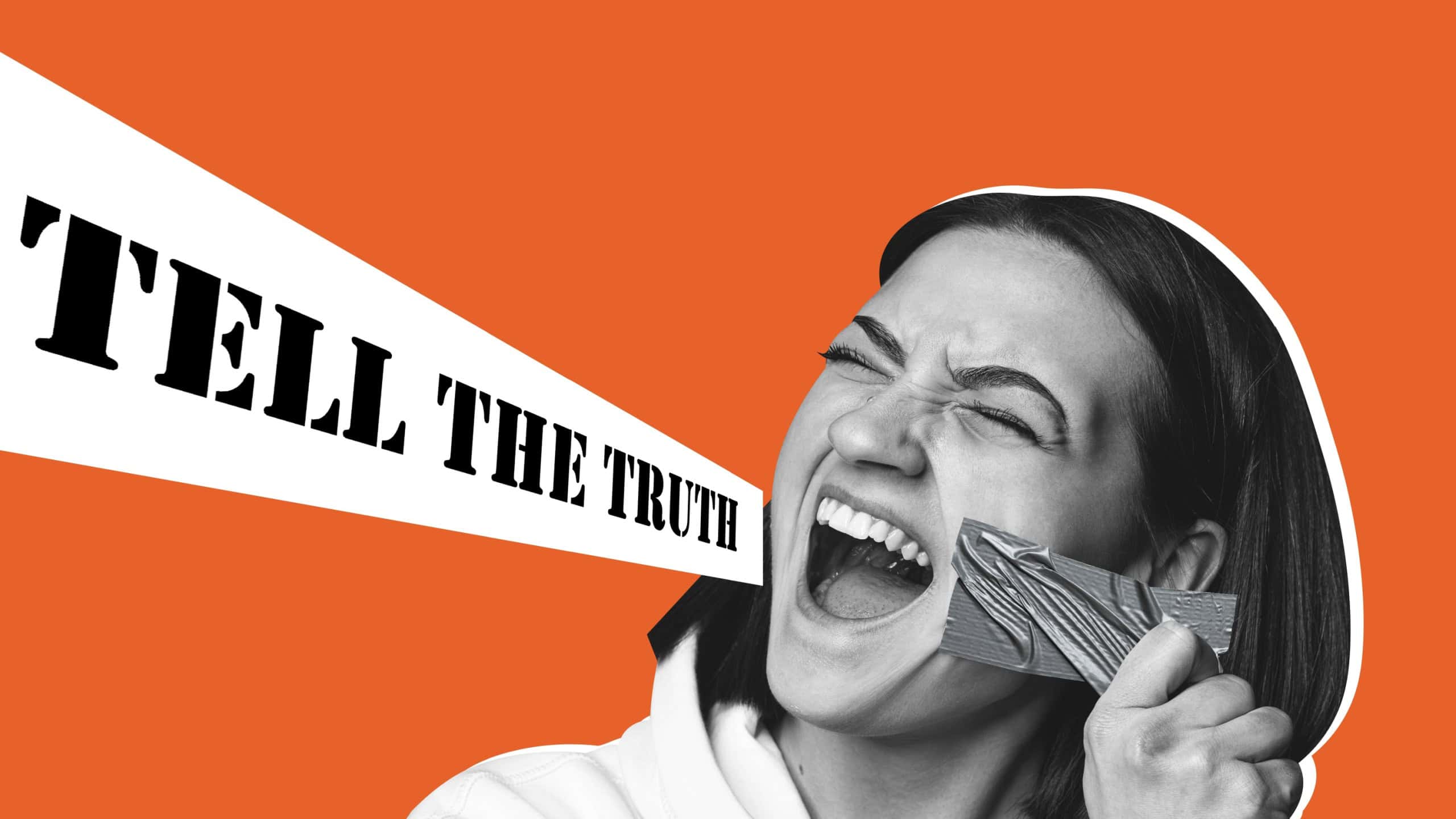 Woman with mouth sealed in adhesive tape. Free of speech, freedom of press, human rights and truth concept. Protest, democracy, liberty, equality and fraternity concepts. Contemporary art collage