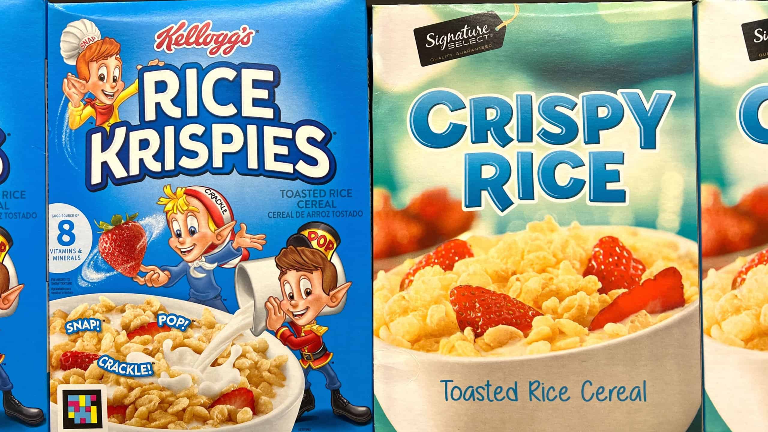 Alameda, CA - August 01, 2022: Grocery store shelf with boxes of Kellogg's brand Rice Krispies next to Signature Select generic toasted rice cereals.