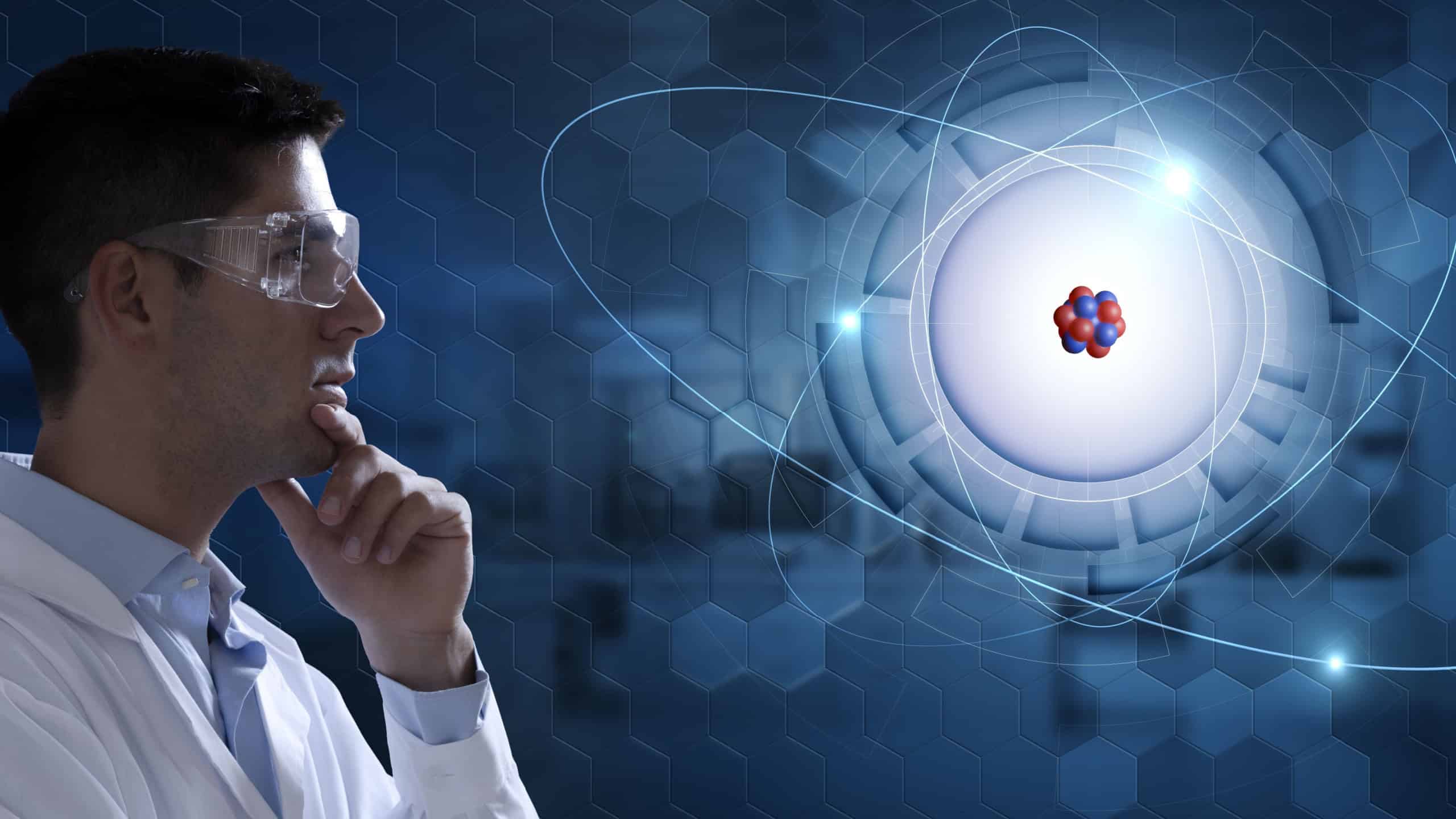 Young scientist analysing holographic atomic structure: glowing electrons orbiting around nucleus. Concept of breakthrough in nuclear physics. 3d rendering element.