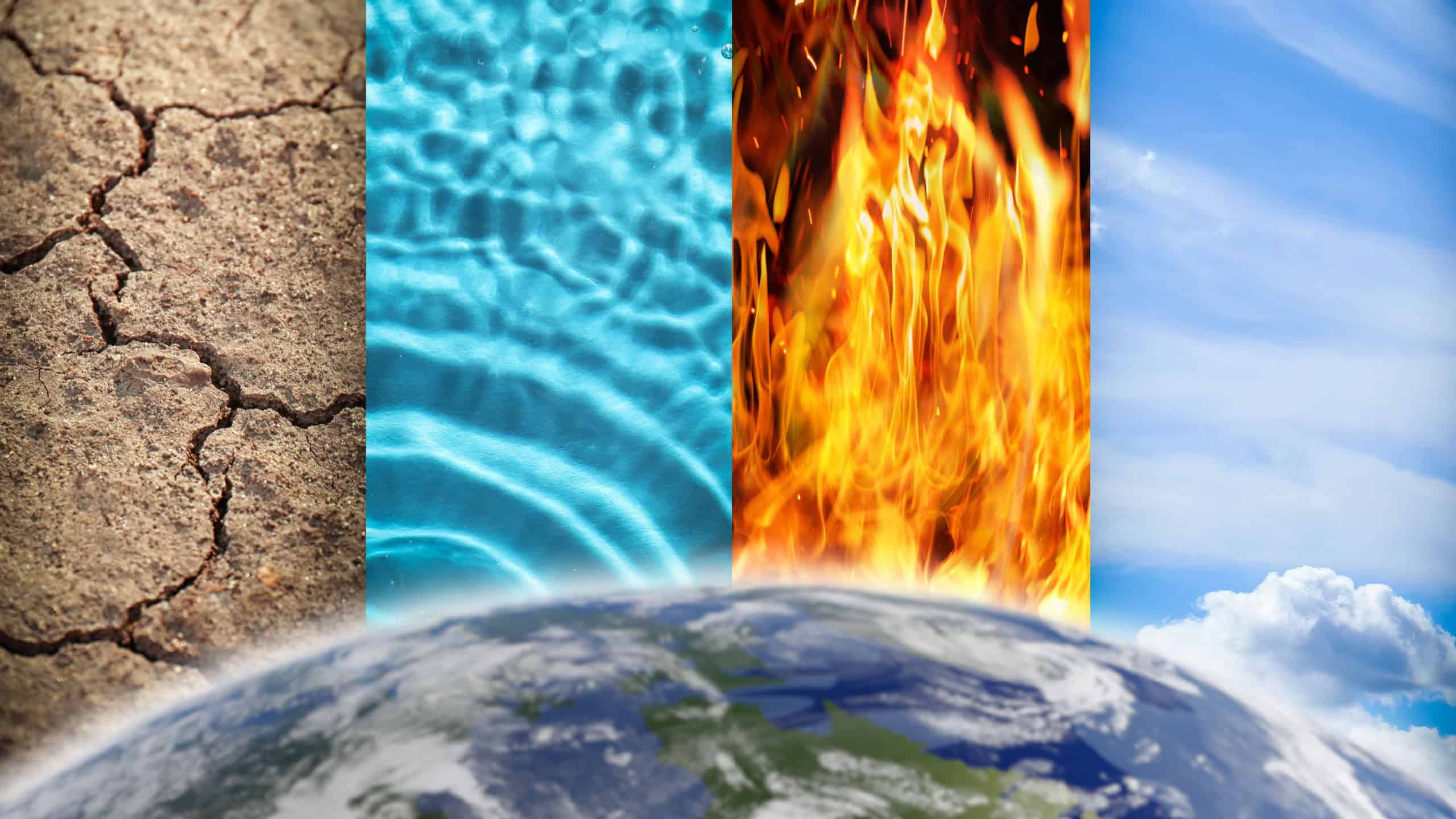 Set of four elements near globe. Earth, Water, Fire and Air