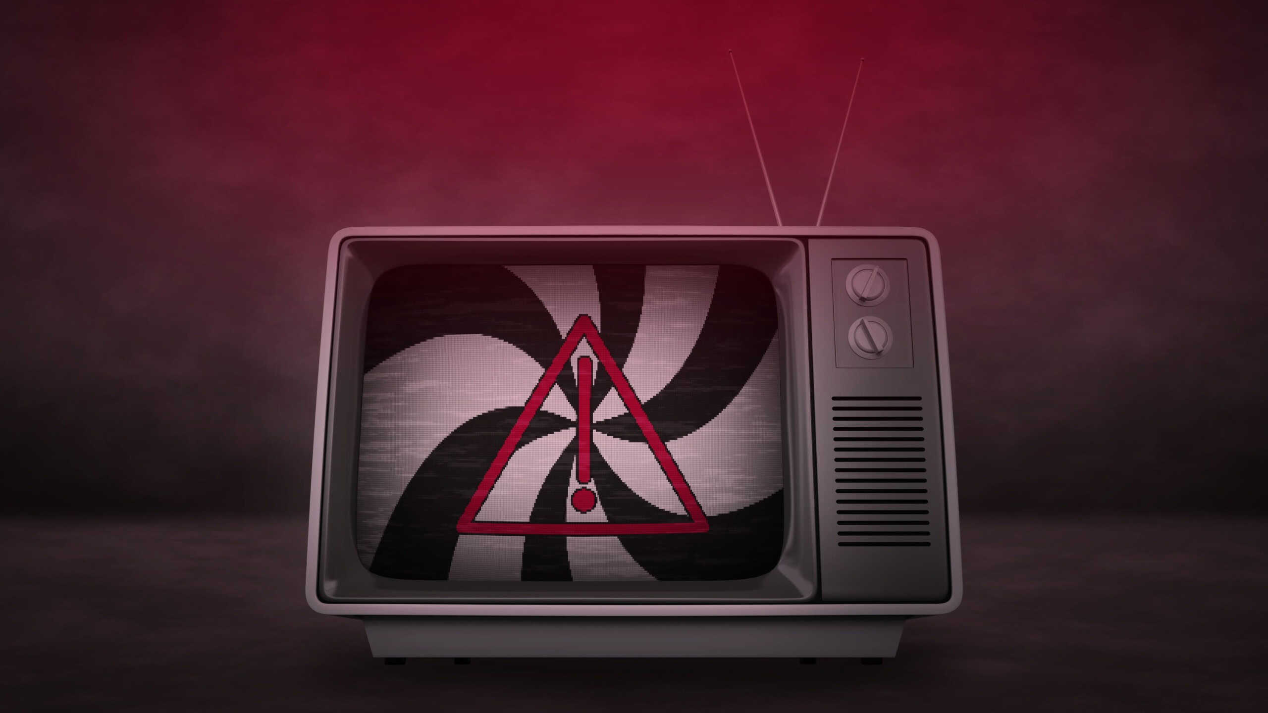 Image of spiral of black and white lines over warning sign in tv. Abstract background and hypnosis concept digitally generated image.