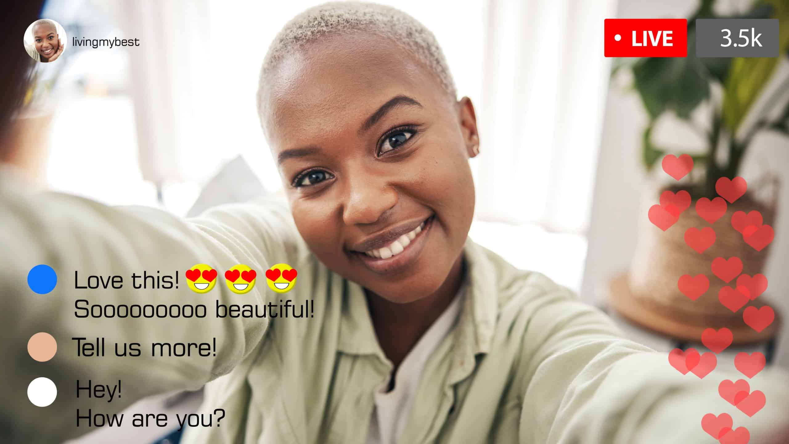 Selfie portrait, happy black woman and live streaming social media post, online opinion comment or filming vlog broadcast. Home smile, screen face or influencer record video, podcast or communication