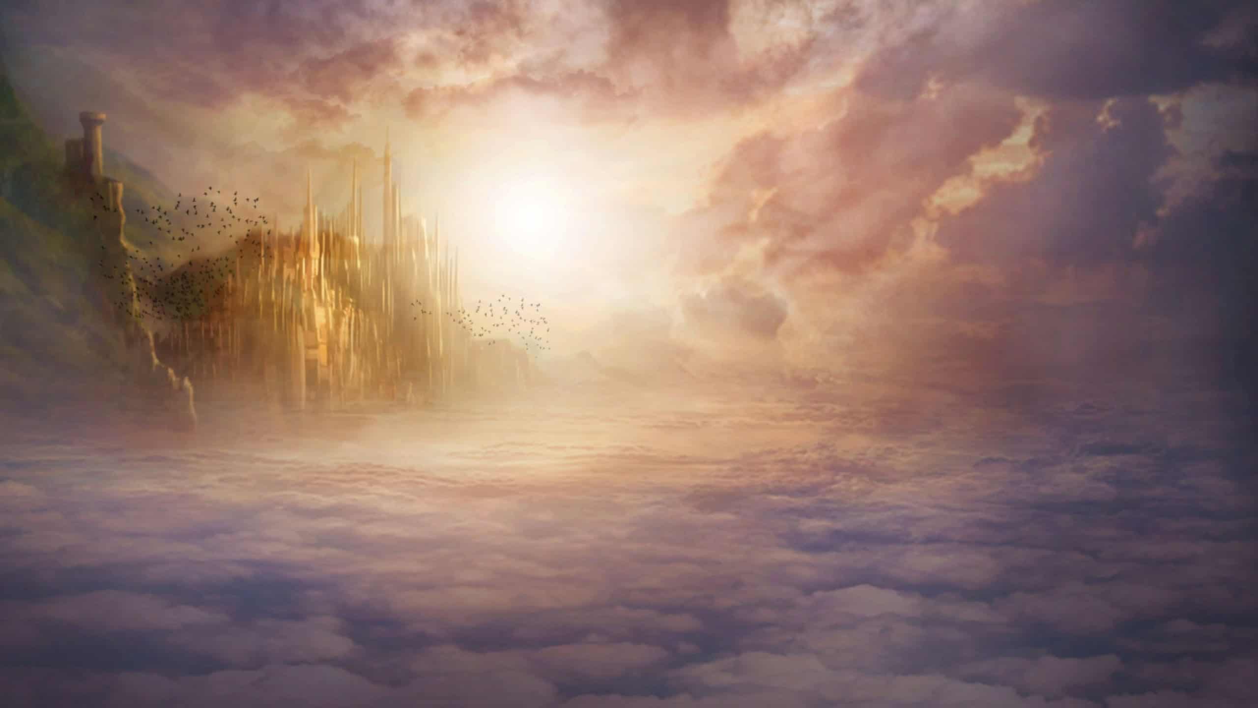 Heaven, sky and castle with light for fantasy, creative imagination and eternity with birds, clouds and sunlight. Mystical, mansion and architecture for holy paradise, religion and spiritual palace