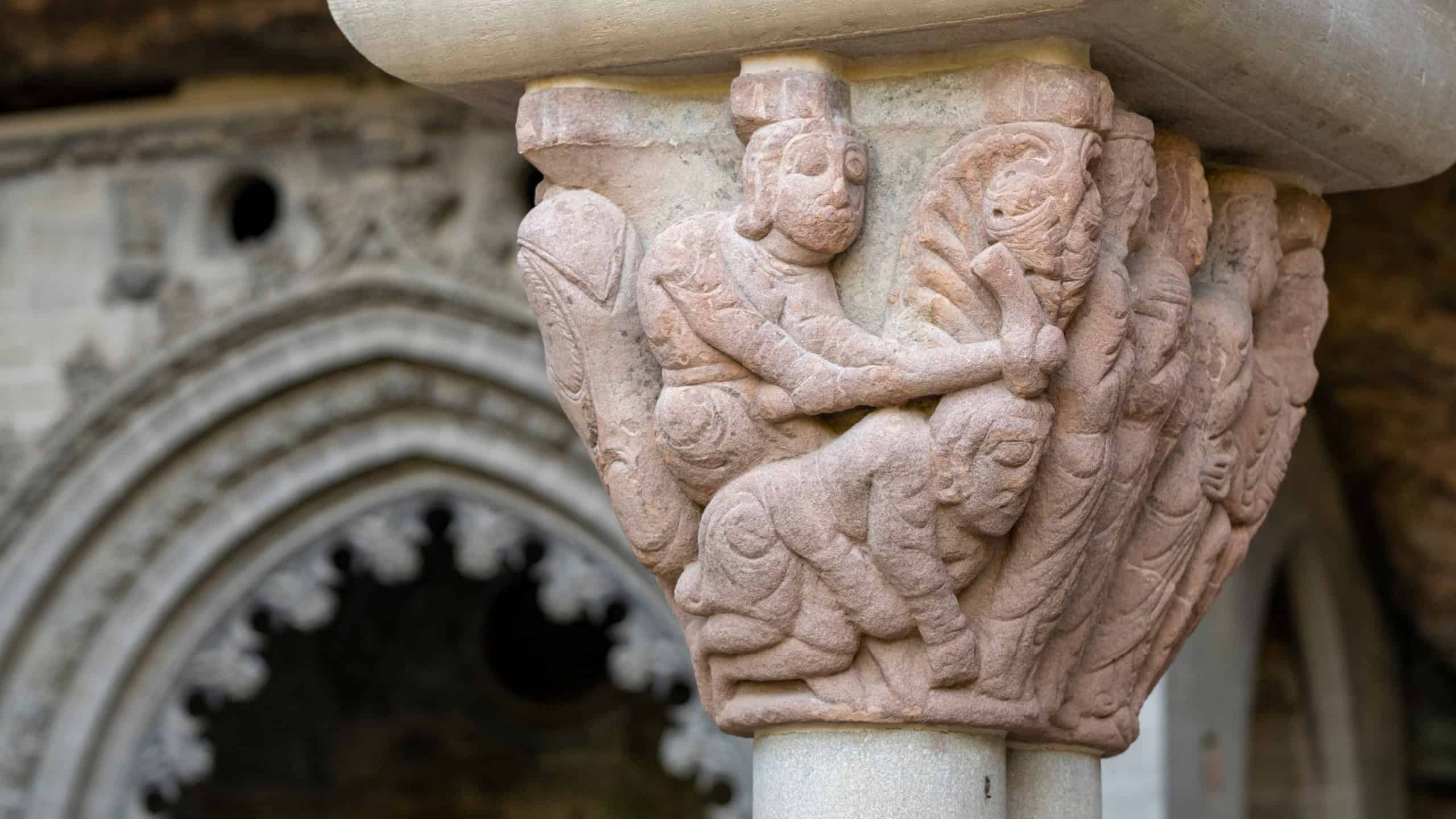 Cain killing Abel, romanic cloister, Royal Monastery of San Juan de la Peña, Botaya, Huesca, Aragon, Spain