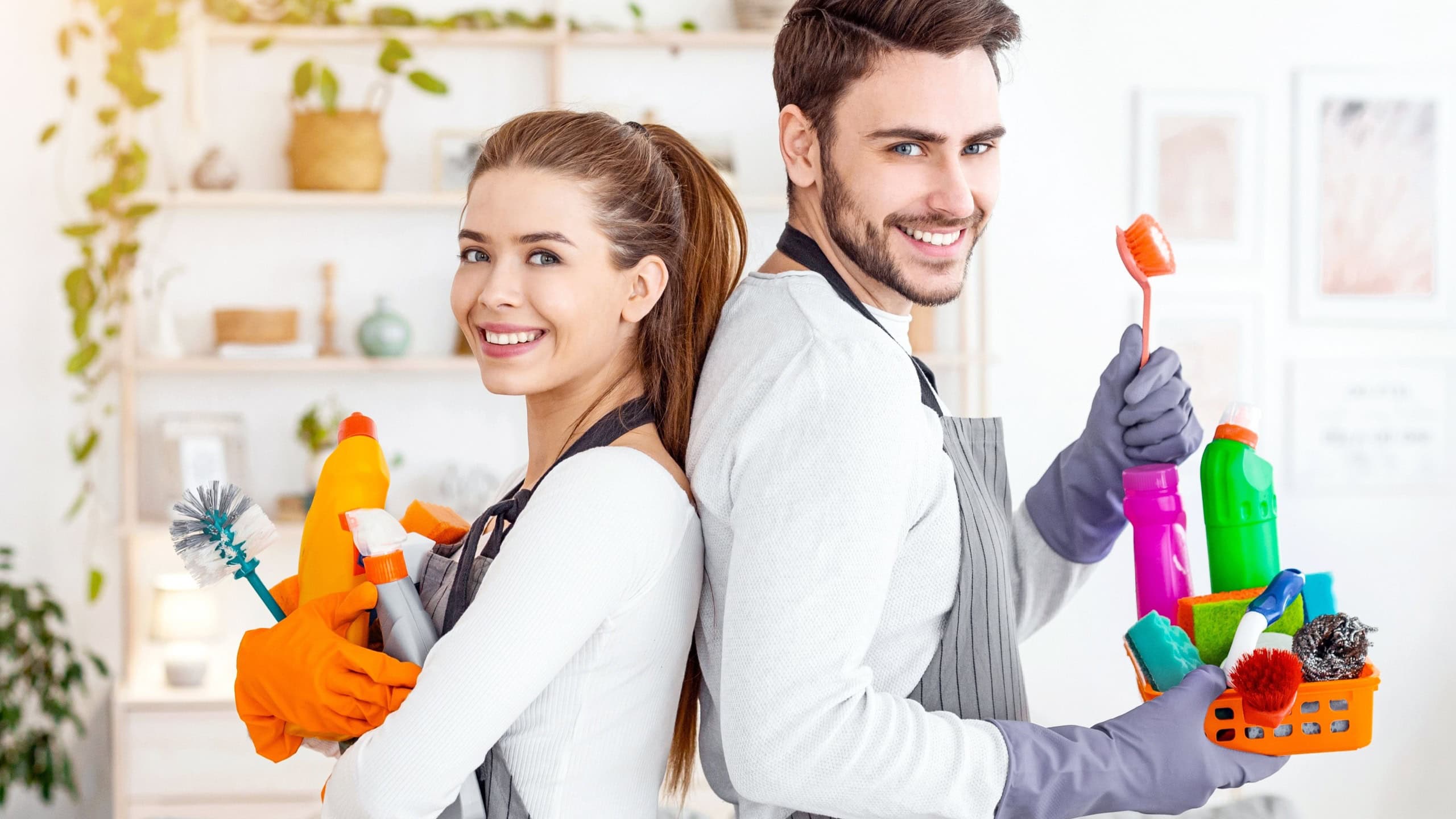 Millennial husband and wife with cleaning supplies at interior