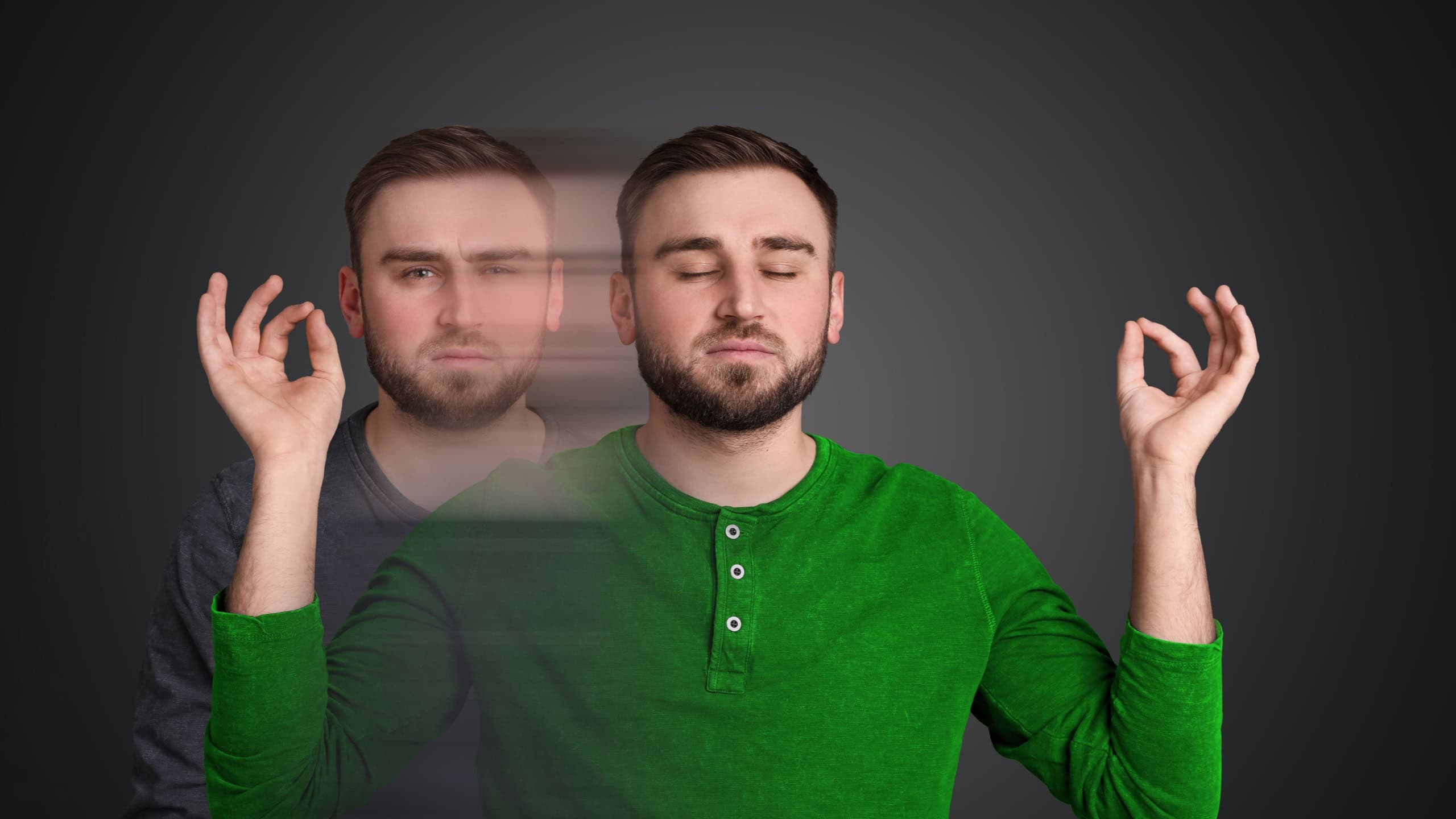 Young man shifting from anxiety to calm with help of meditation on grey background, motion blur effect. Psychological resilience