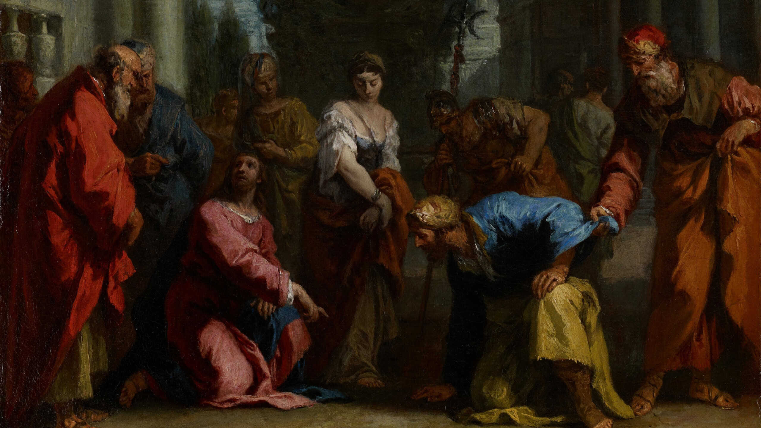 A historical painting depicting a group of people in ancient attire, gathered in a dramatic scene. Architecture in the background suggests a classical setting. Woman in vintage artwork.