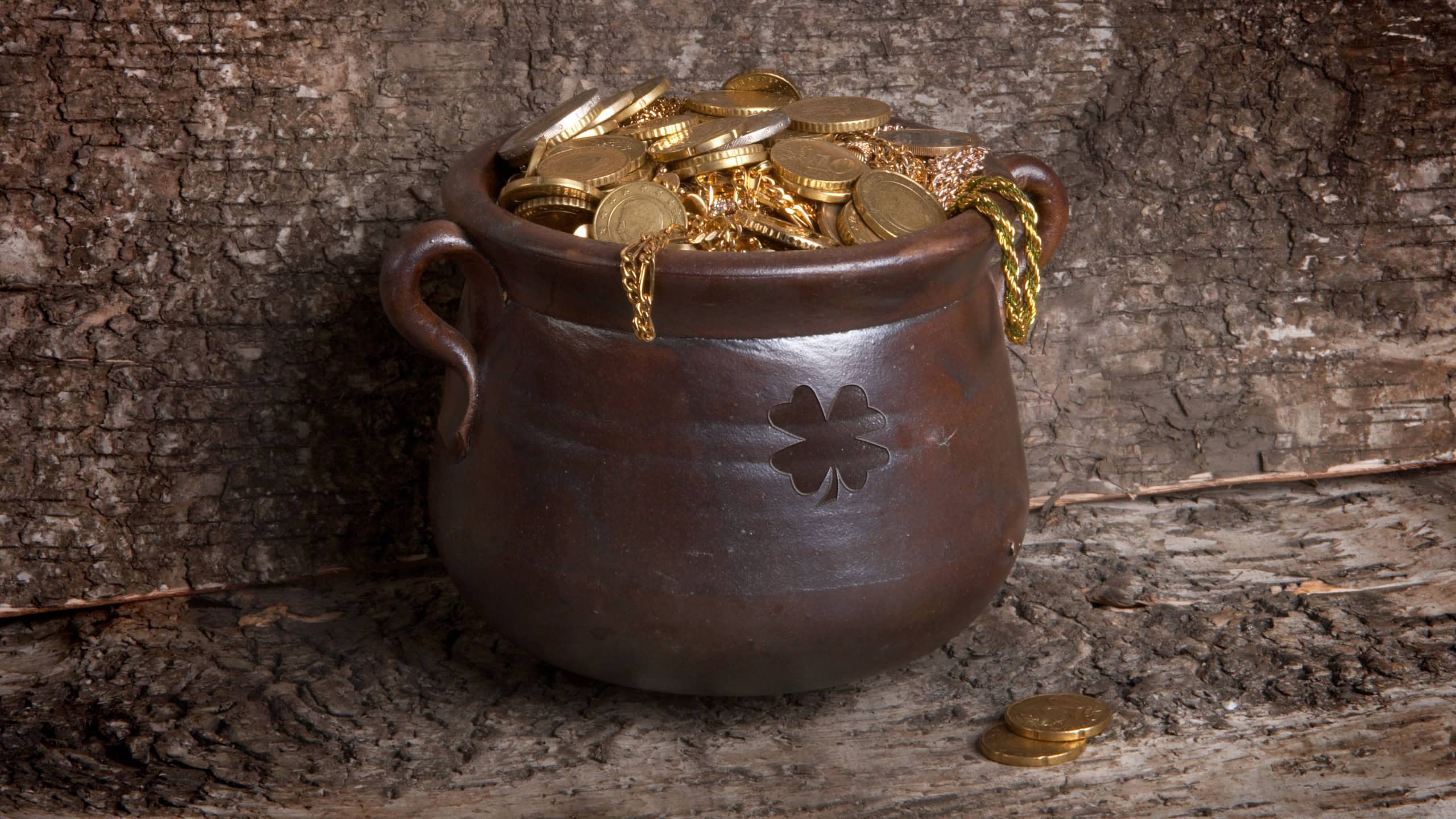 Pot of gold against a tree bark backgroundPot of gold against a tree bark background
