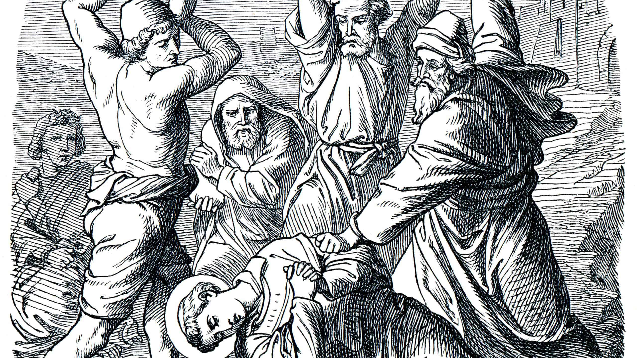 Old engravings. Depicts the martyrdom of Saint Stephen The Protomartyr. The book "History of the Church", circa 1880