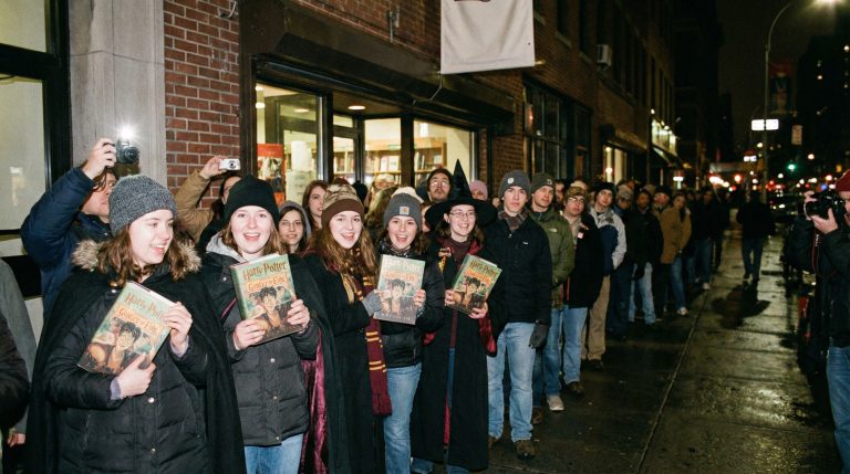 image of people lined up for the first midnight release of harry potter.