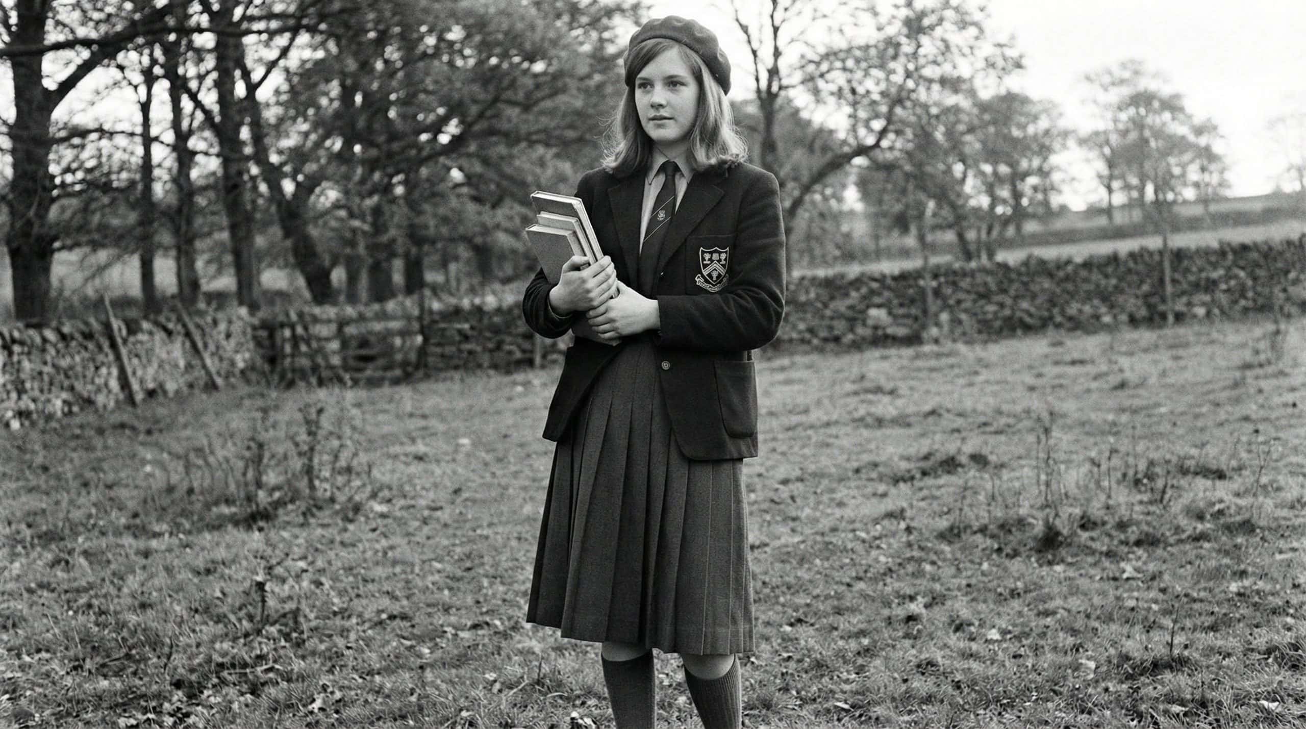 black and white image of a teen in school uniform in 1960s