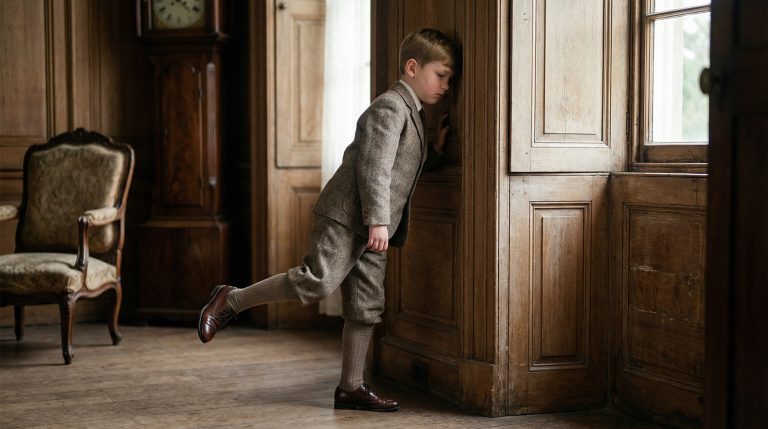vintage well-to do kid standing on one leg in the corner as a punishment.