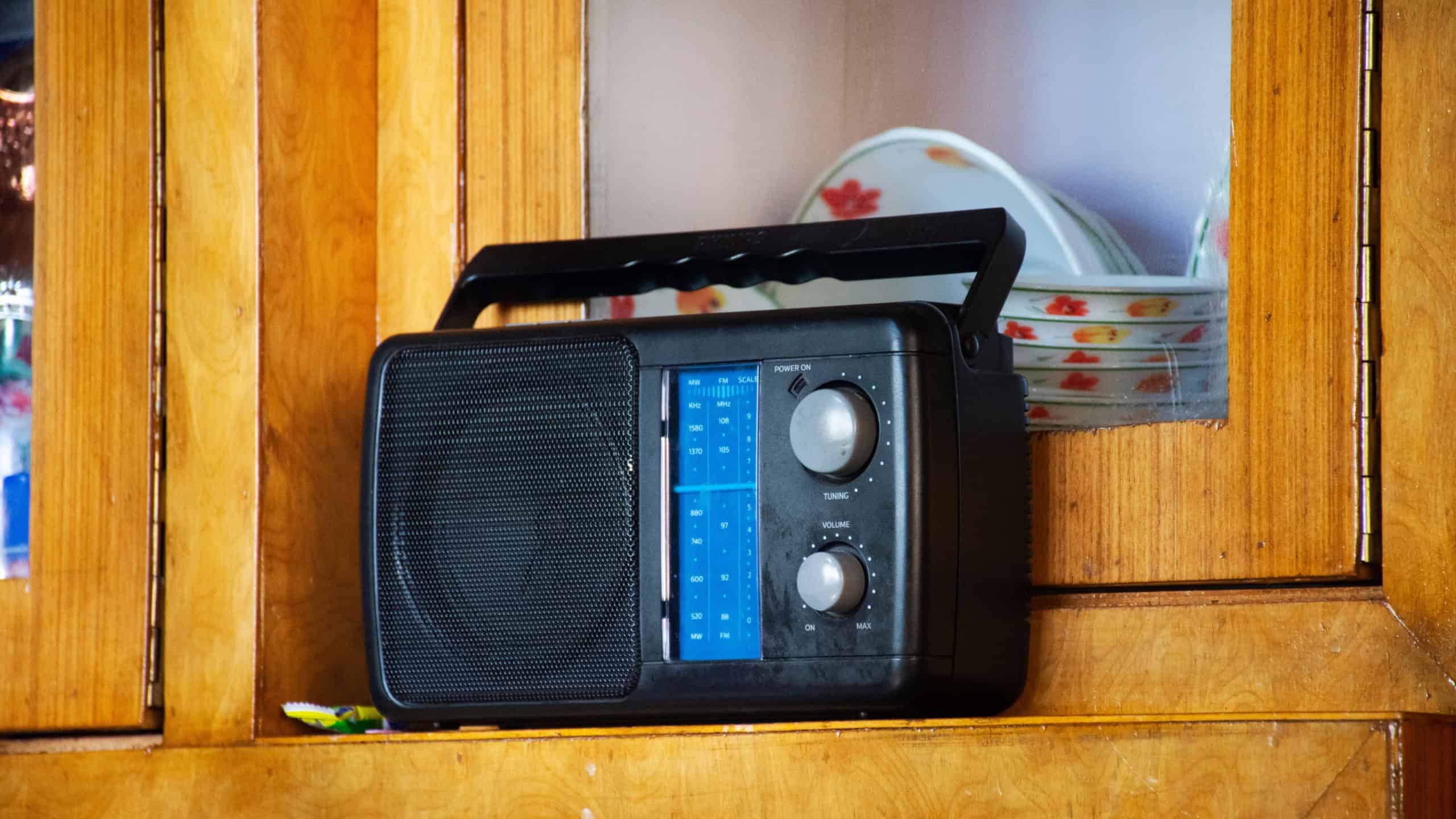 Retro vintage transistor radio of Indian and tibetan people in living room of house at Leh Ladakh village at Himalayan valley in Jammu and Kashmir, India while winter season