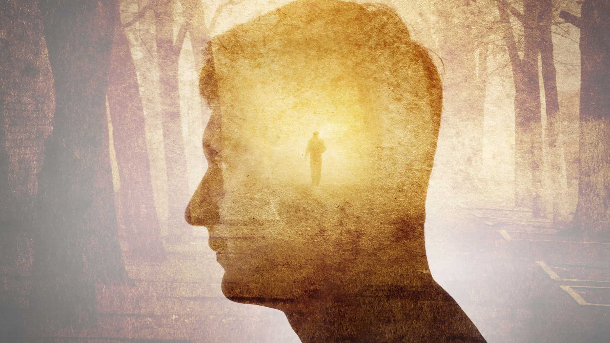 Man silhouette on gothic landscape background. Psychiatry, psychology, concept, gothic, steampunk background