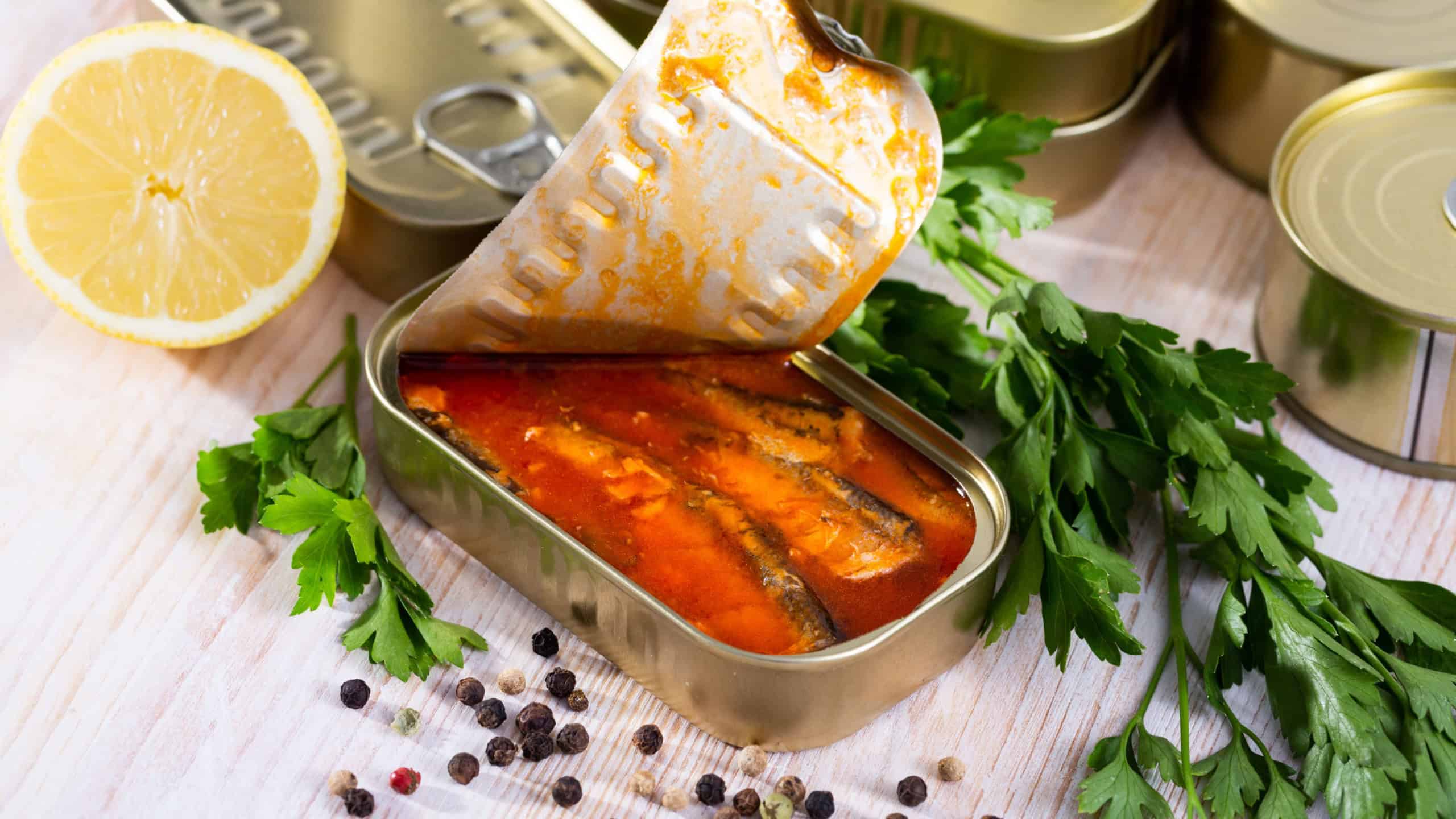 Close up of canned sardines in tomato sauce