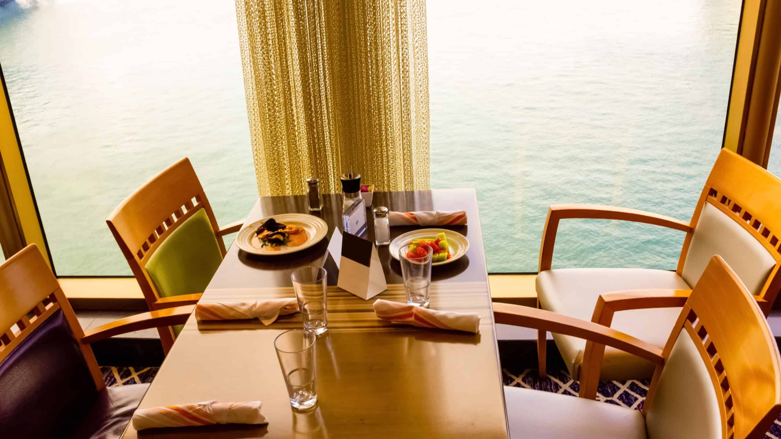 Dining Room Buffet aboard the abstract luxury cruise ship. breakfast with sea view
