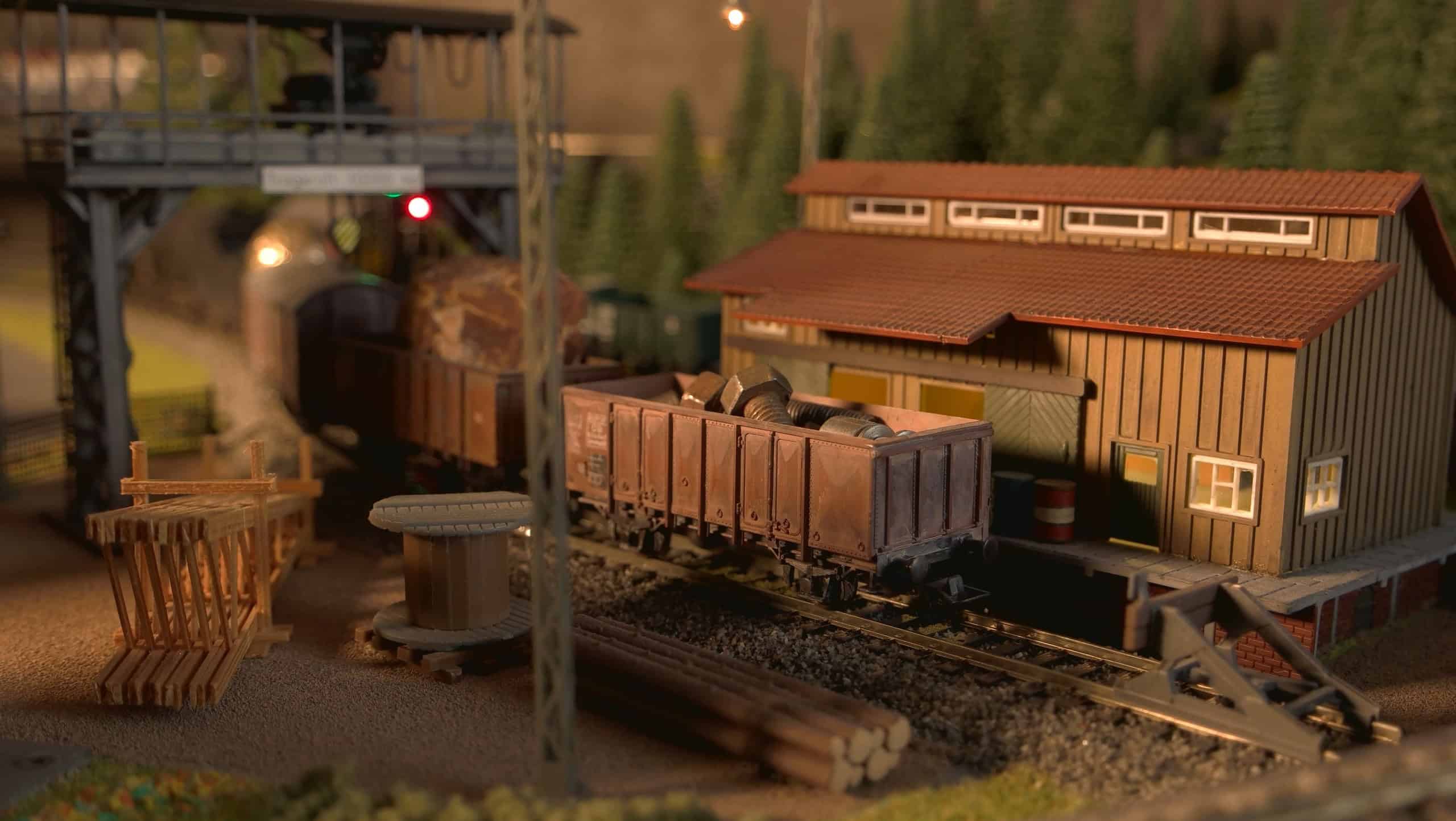 Miniature retro cargo train. Replica of railway model.