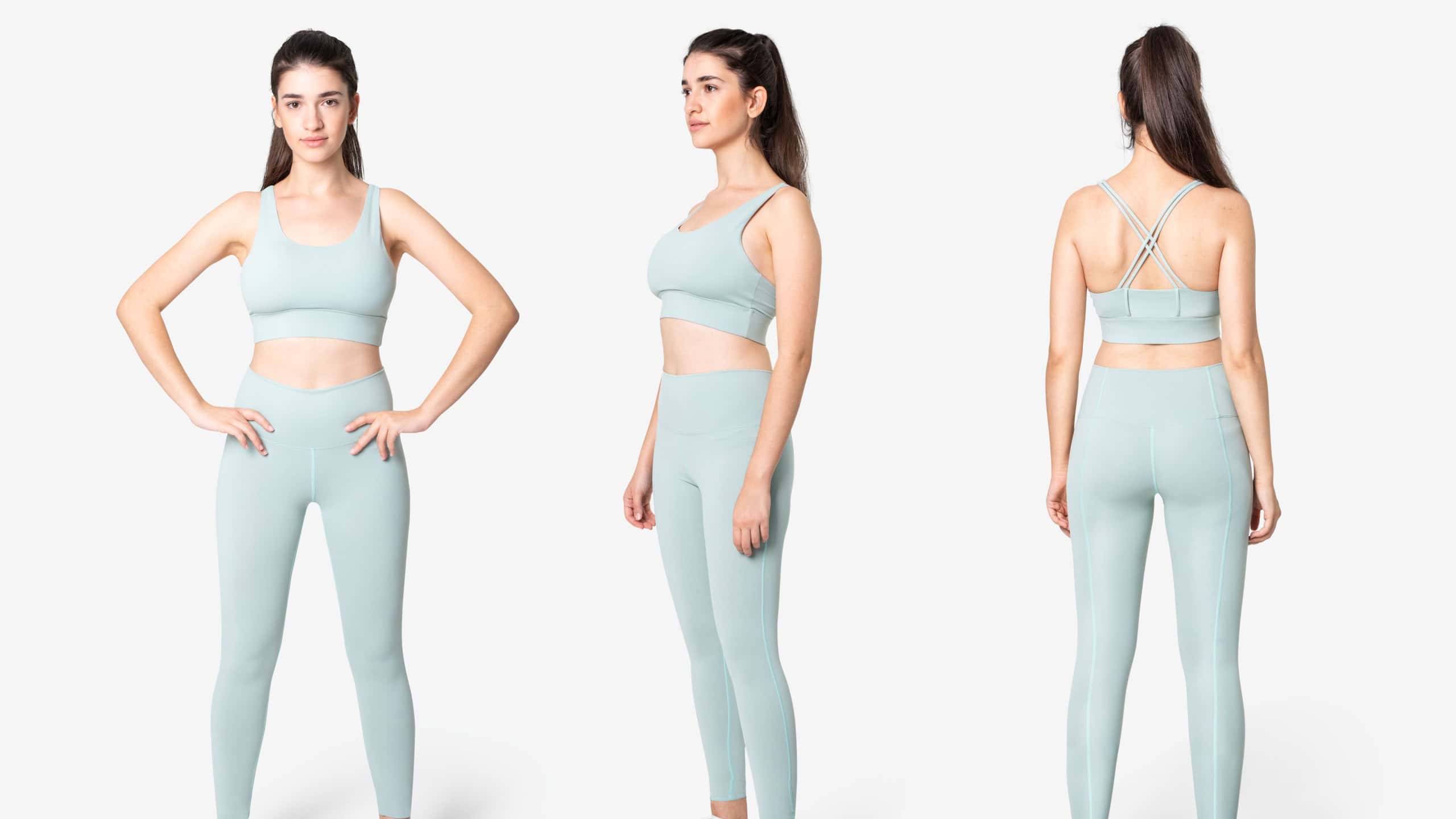 Woman in blue sports bra and leggings set